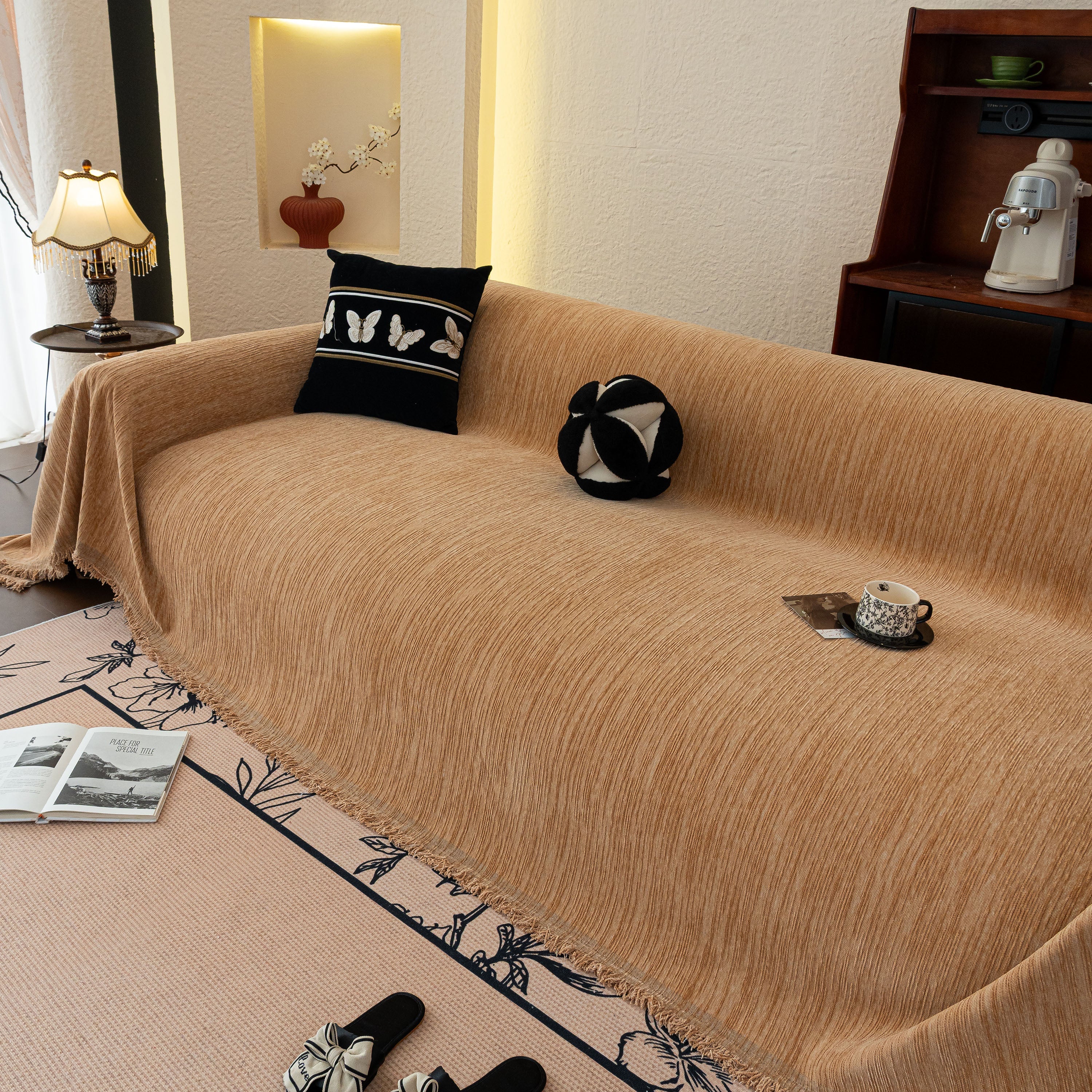 Washable Textured Sofa Cover Throw For Pets, Dogs Furniture Protector With Tassels
