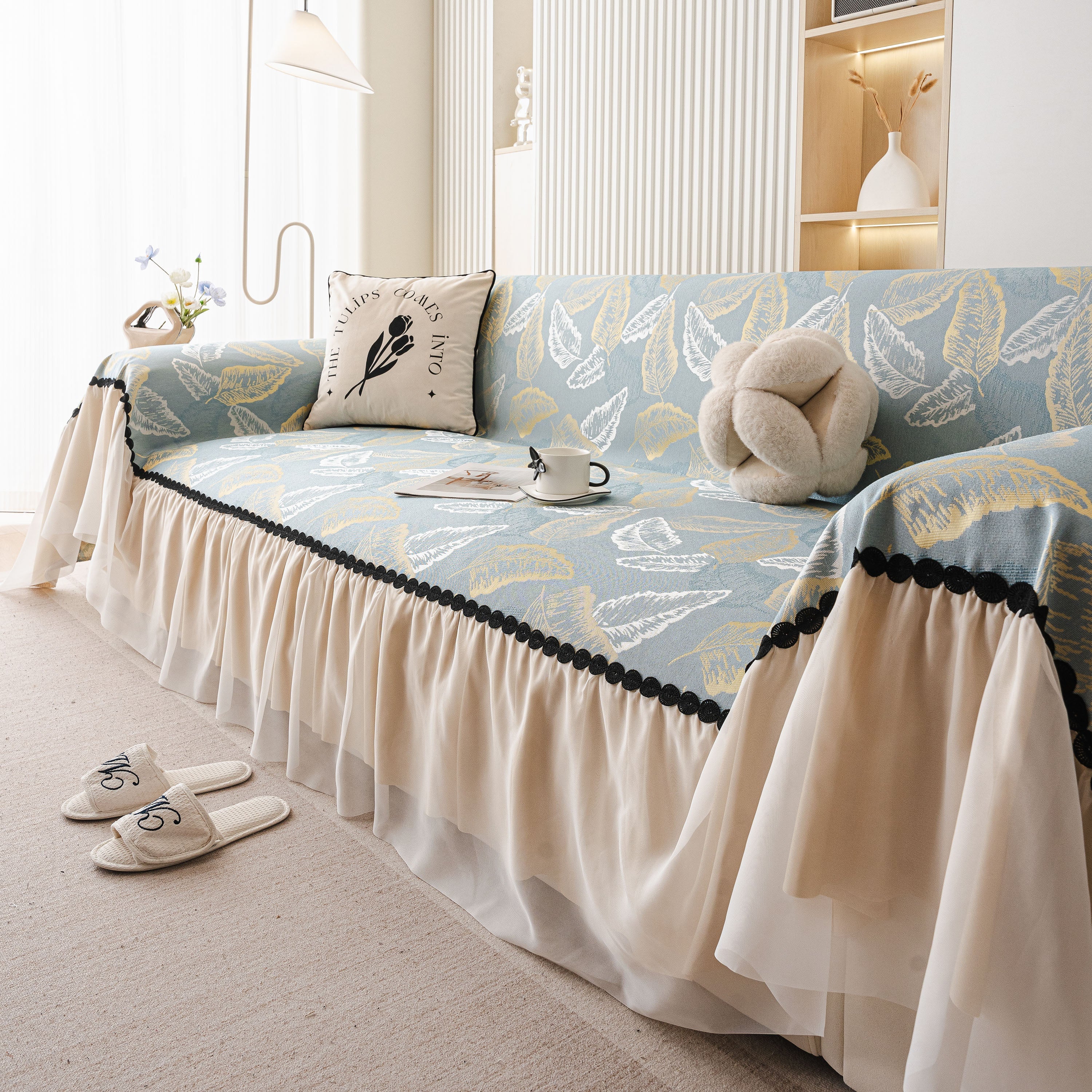 Leaf Jacquard Sofa Cover With Ruffle Skirt – Non-slip Couch Protector With Sheer Hem
