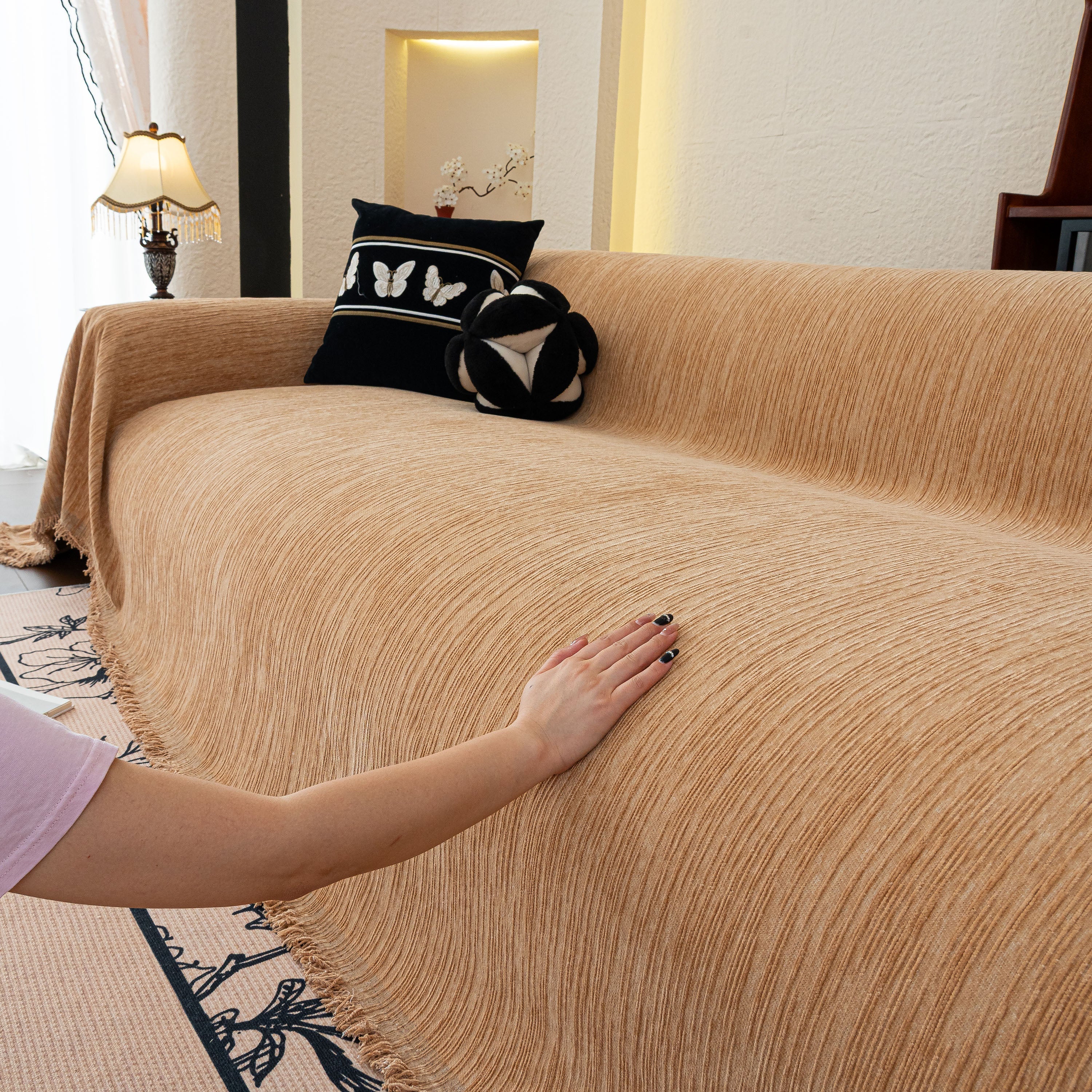 Washable Textured Sofa Cover Throw For Pets, Dogs Furniture Protector With Tassels