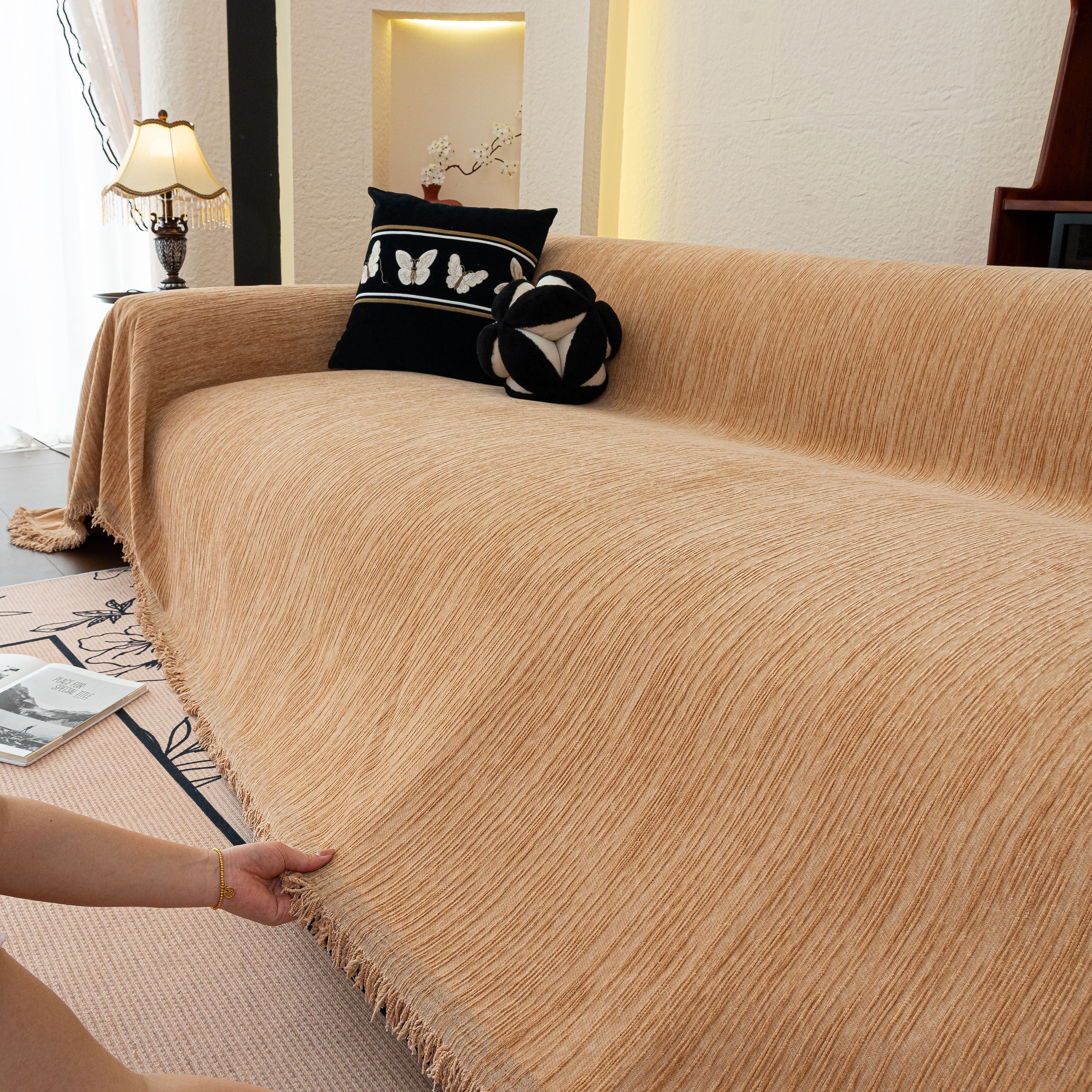 Washable Textured Sofa Cover Throw For Pets, Dogs Furniture Protector With Tassels