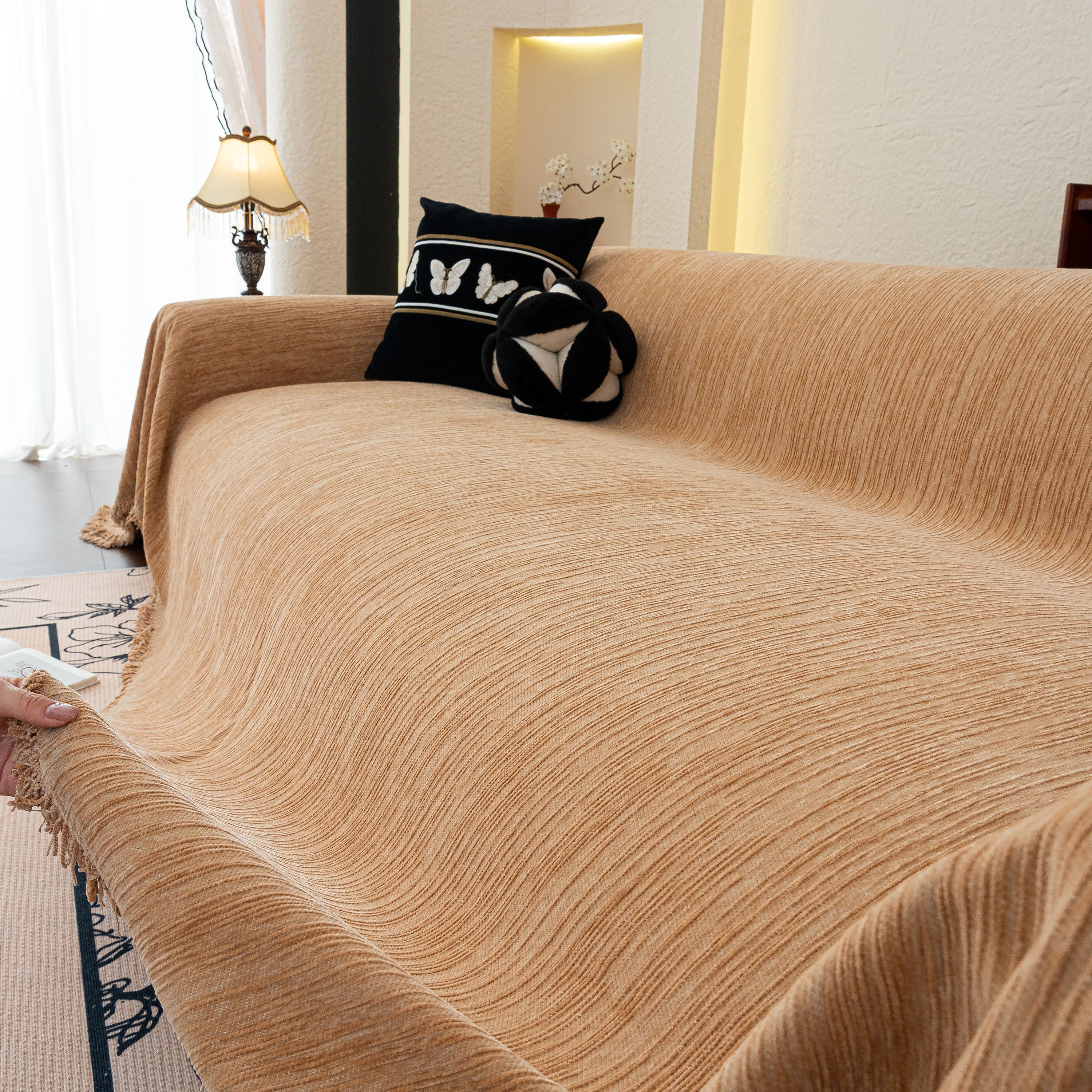 Washable Textured Sofa Cover Throw For Pets, Dogs Furniture Protector With Tassels