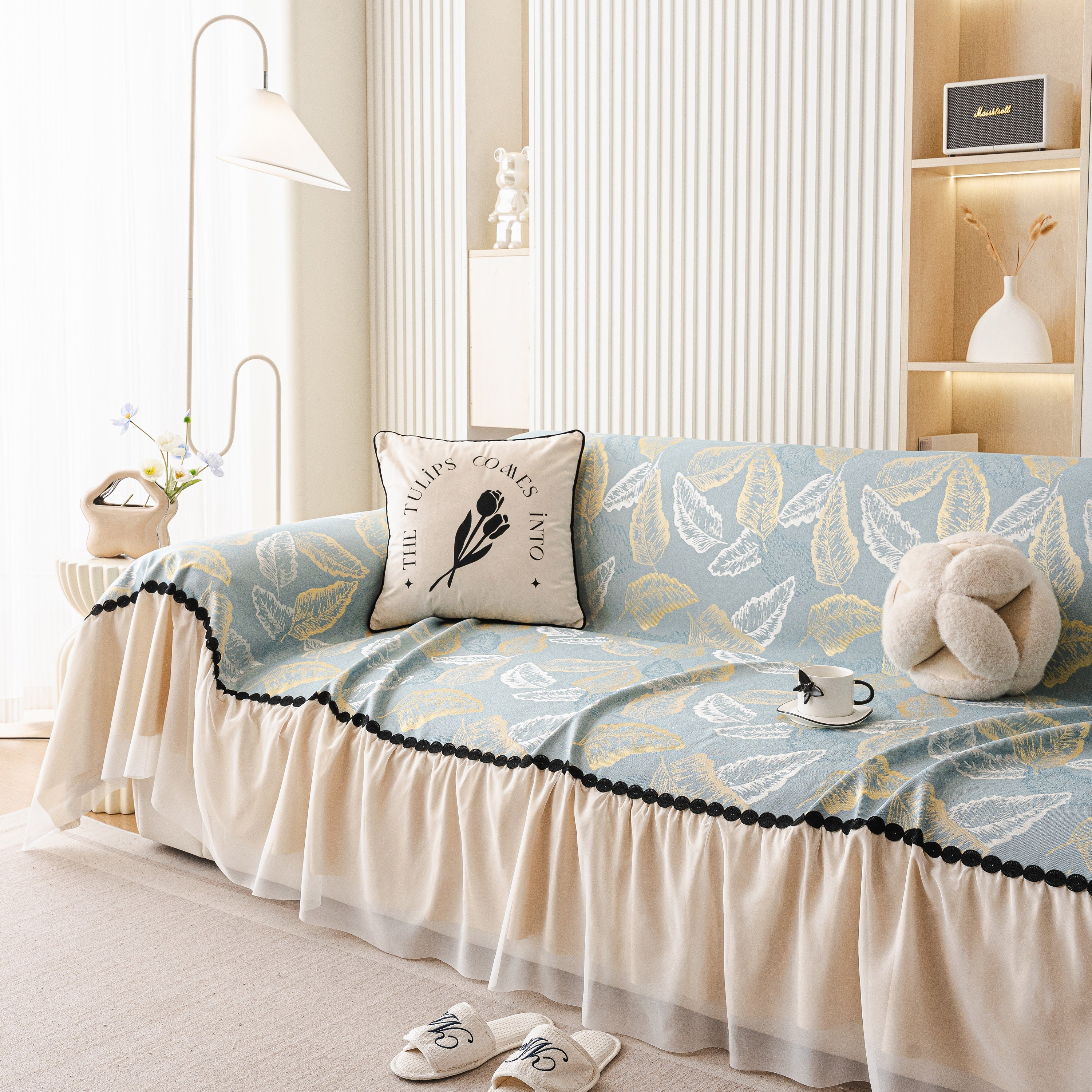 Leaf Jacquard Sofa Cover With Ruffle Skirt – Non-slip Couch Protector With Sheer Hem