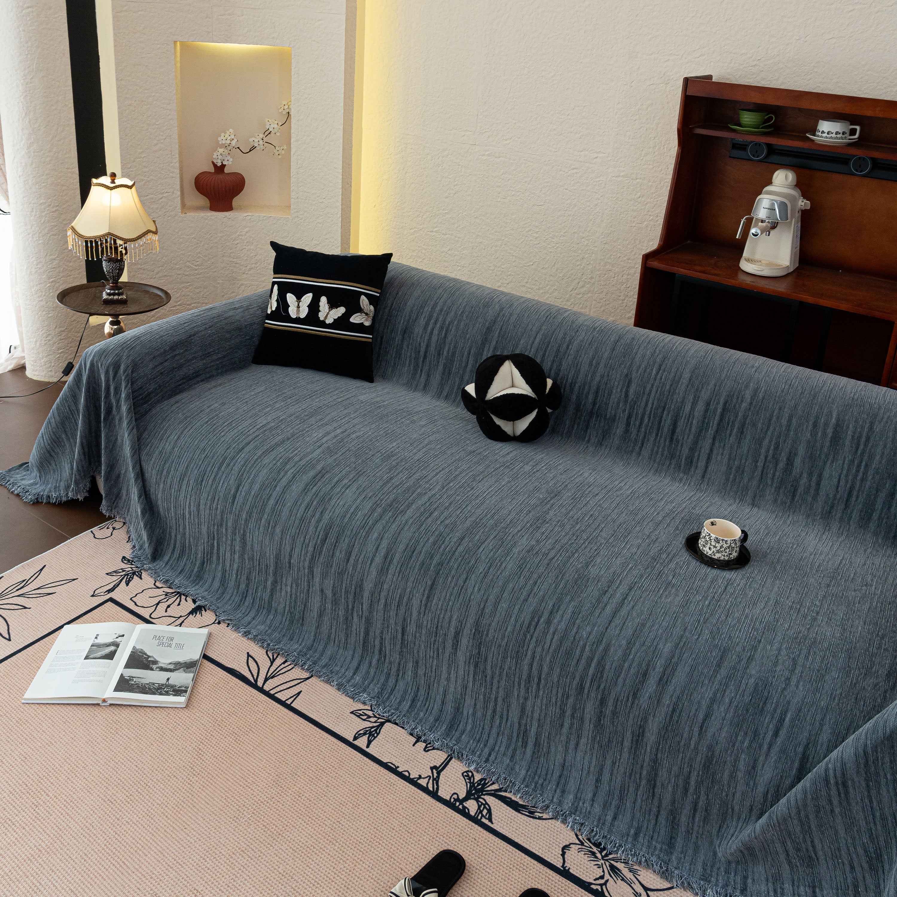 Washable Textured Sofa Cover Throw For Pets, Dogs Furniture Protector With Tassels