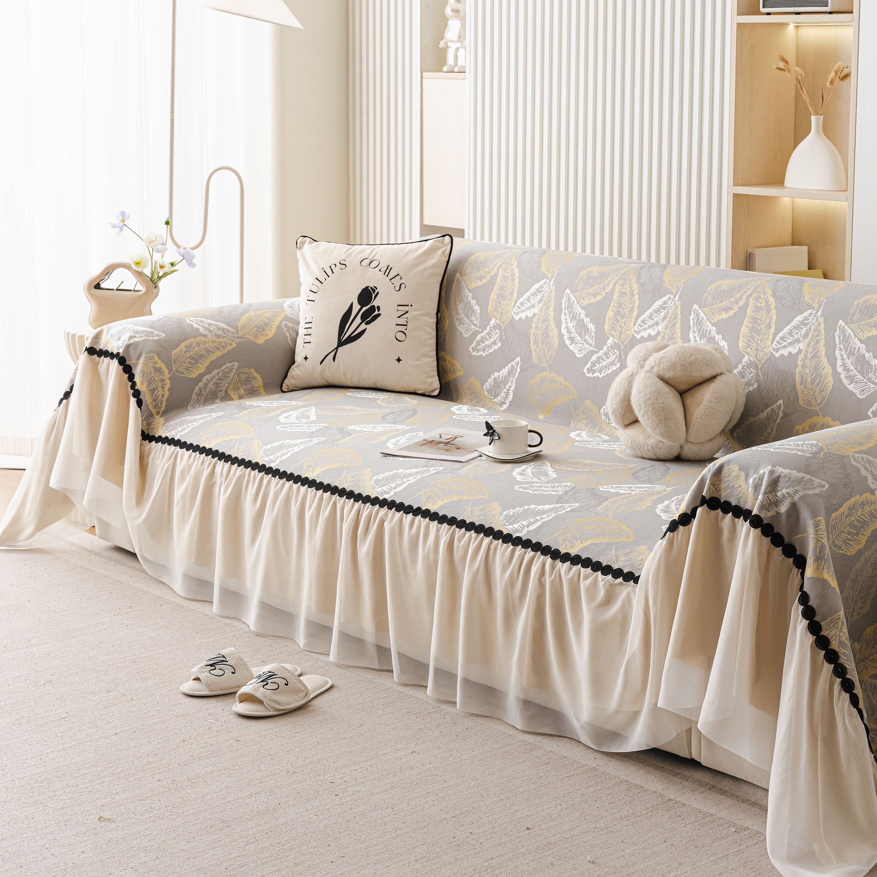 Leaf Jacquard Sofa Cover With Ruffle Skirt – Non-slip Couch Protector With Sheer Hem