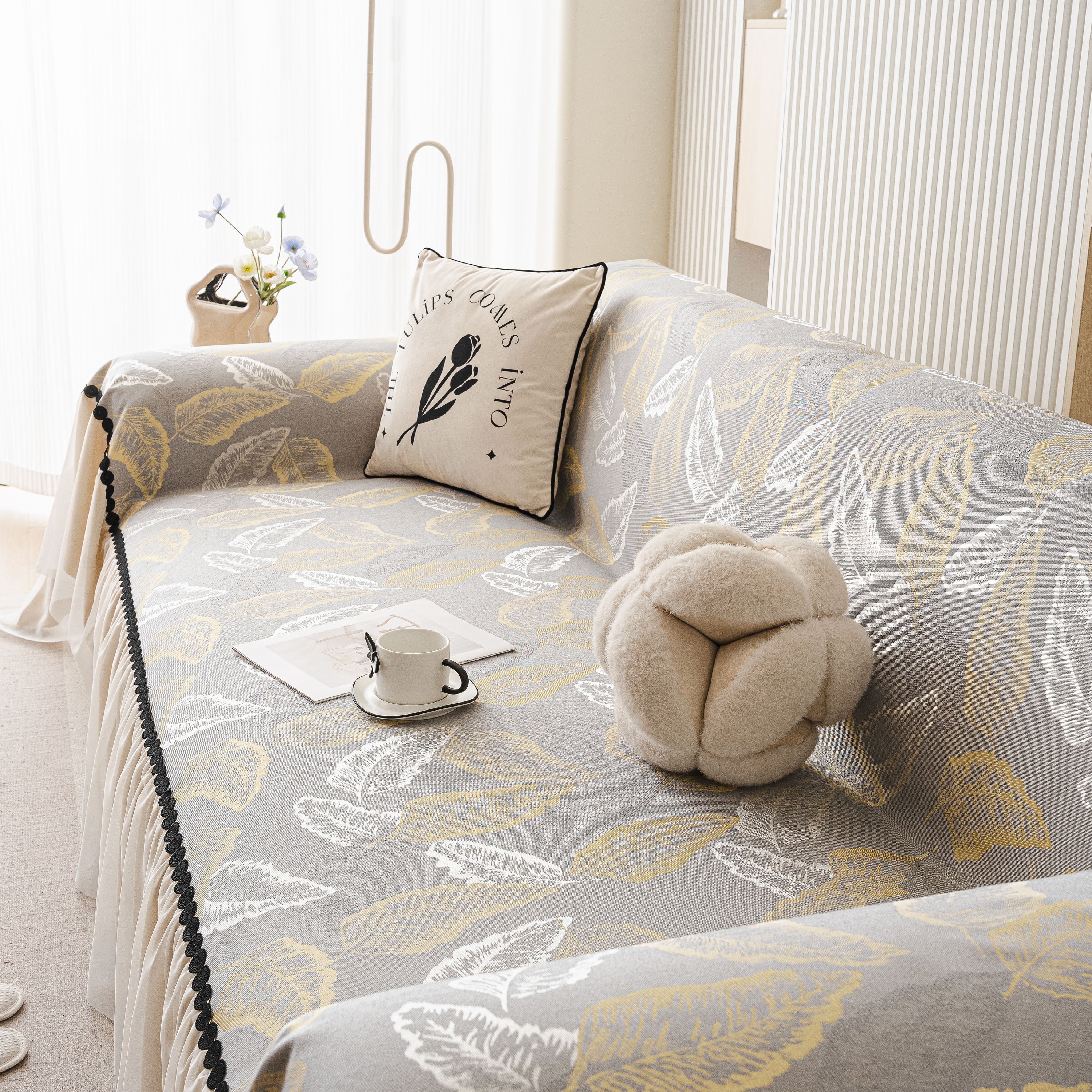 Leaf Jacquard Sofa Cover With Ruffle Skirt – Non-slip Couch Protector With Sheer Hem