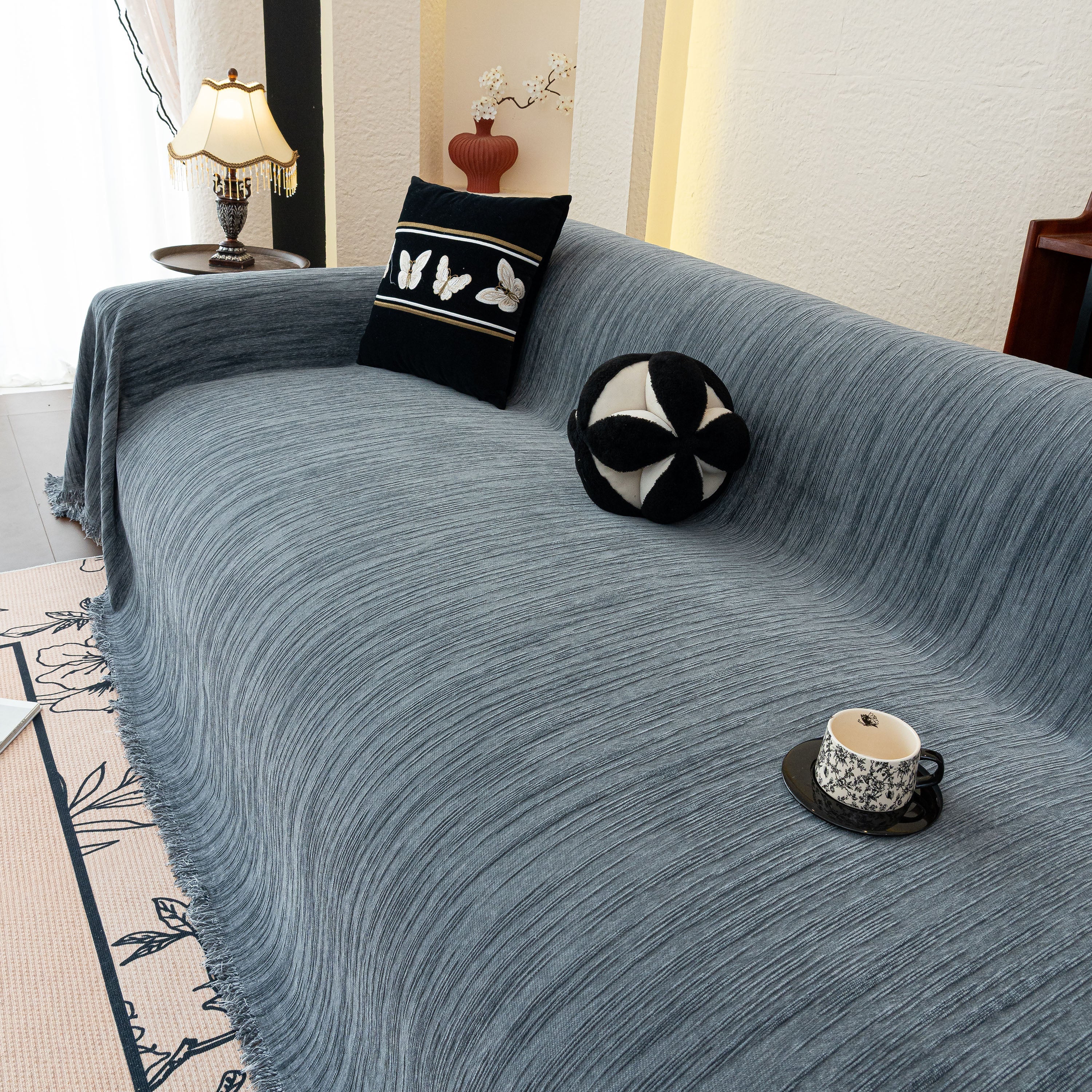 Washable Textured Sofa Cover Throw For Pets, Dogs Furniture Protector With Tassels
