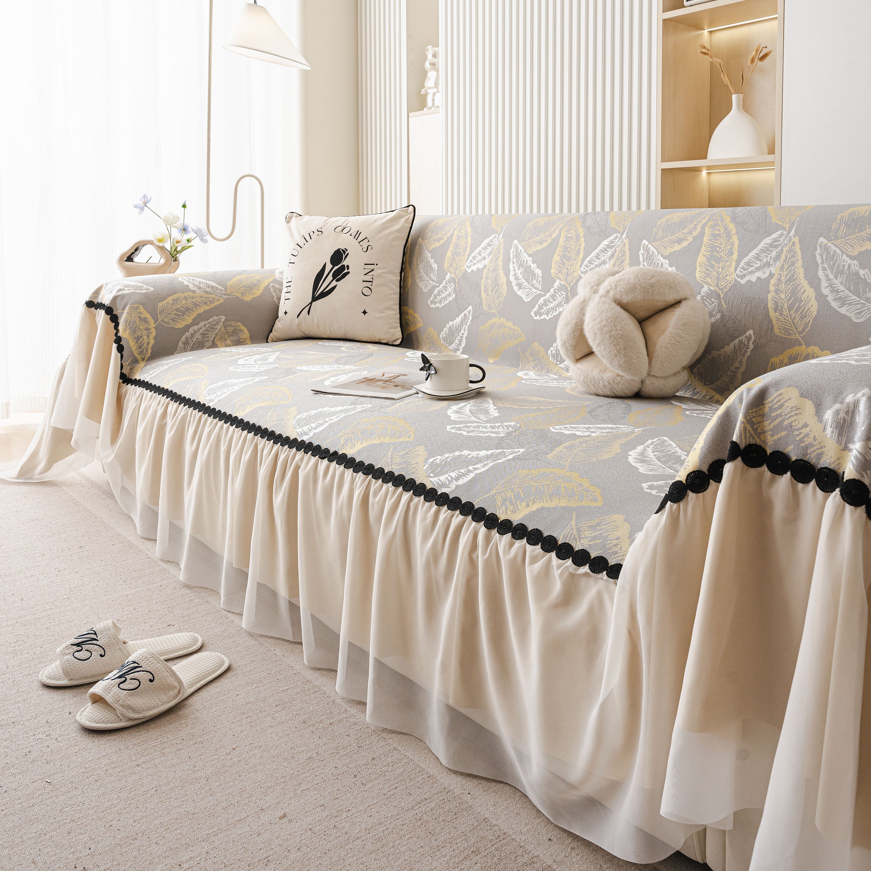 Leaf Jacquard Sofa Cover With Ruffle Skirt – Non-slip Couch Protector With Sheer Hem