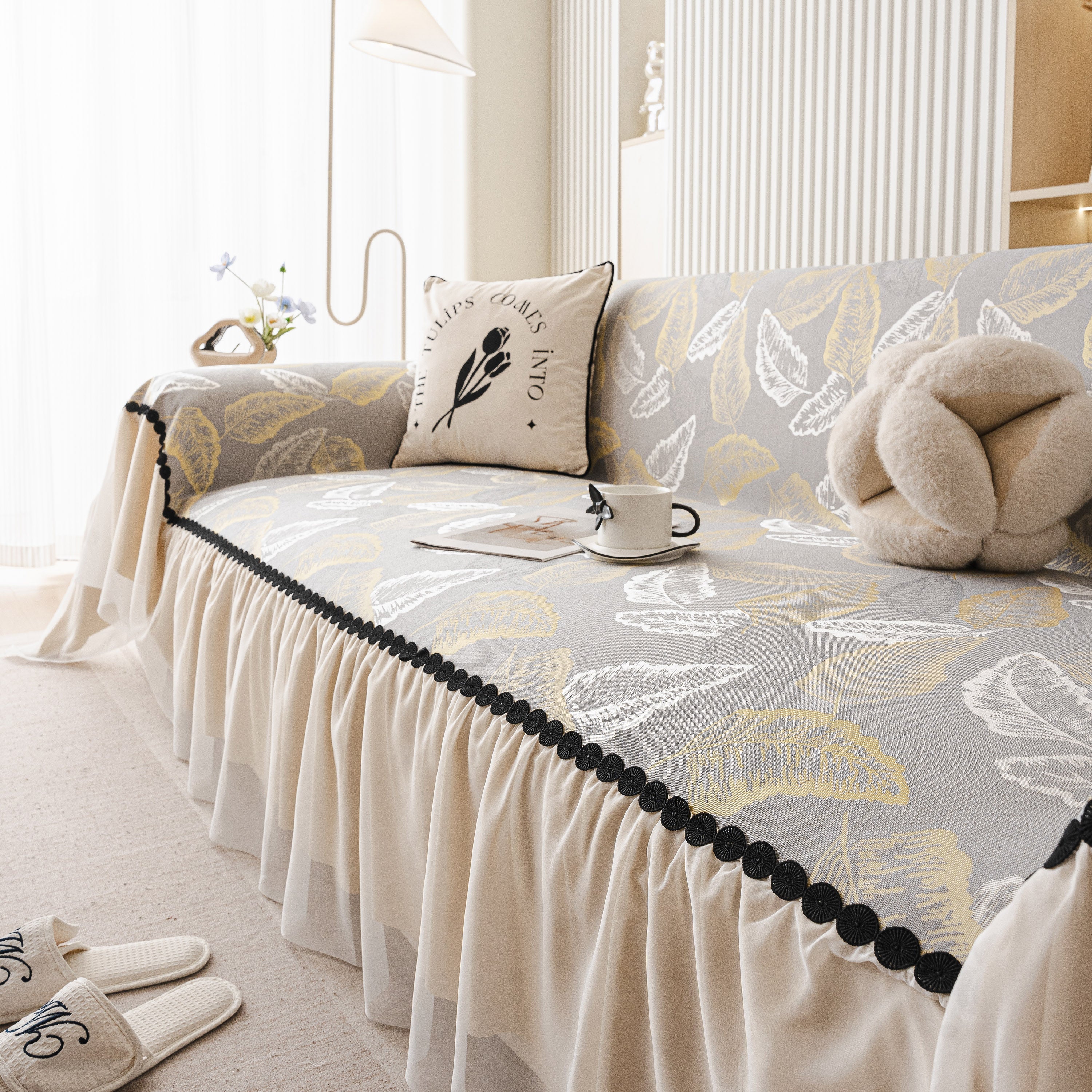 Leaf Jacquard Sofa Cover With Ruffle Skirt – Non-slip Couch Protector With Sheer Hem