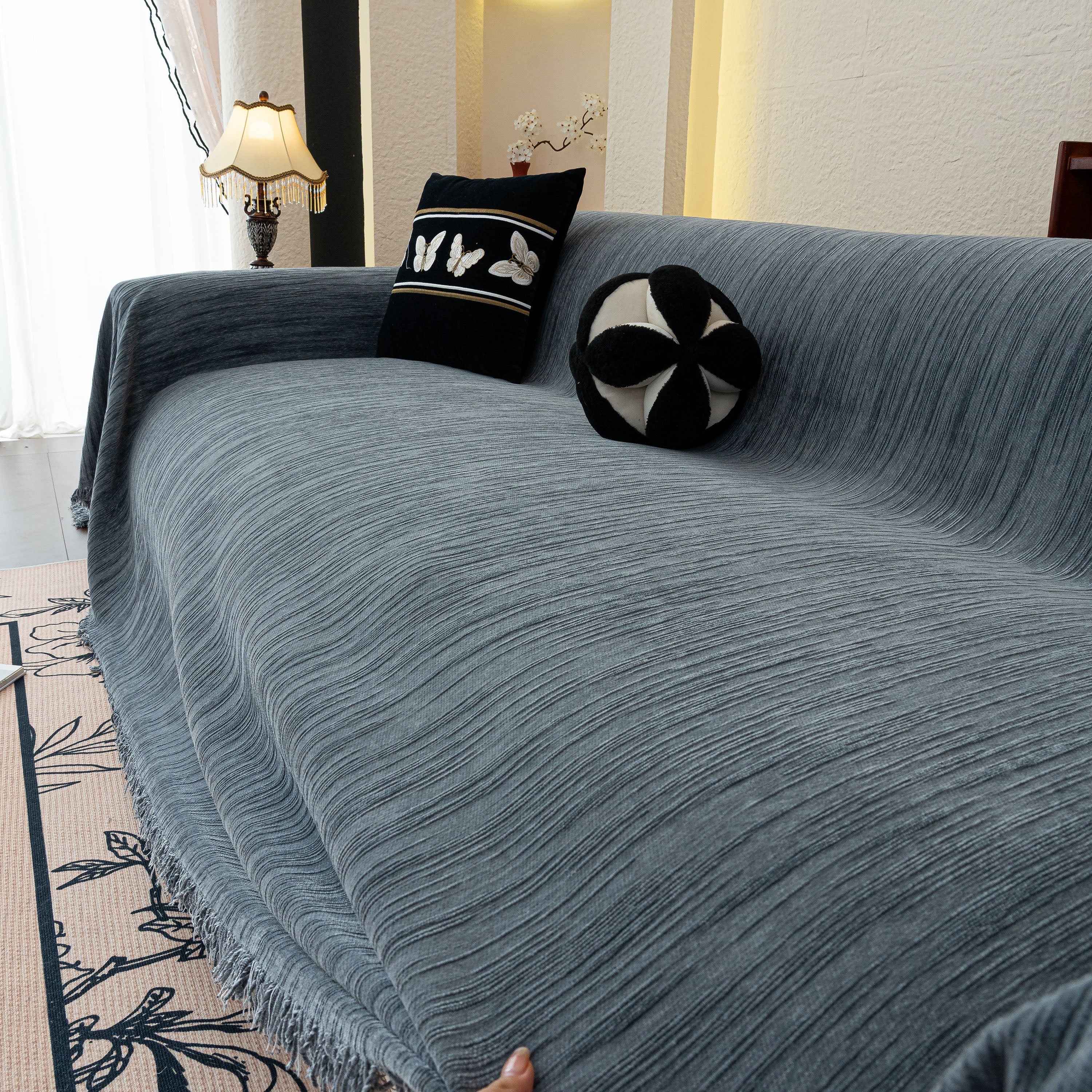 Washable Textured Sofa Cover Throw For Pets, Dogs Furniture Protector With Tassels