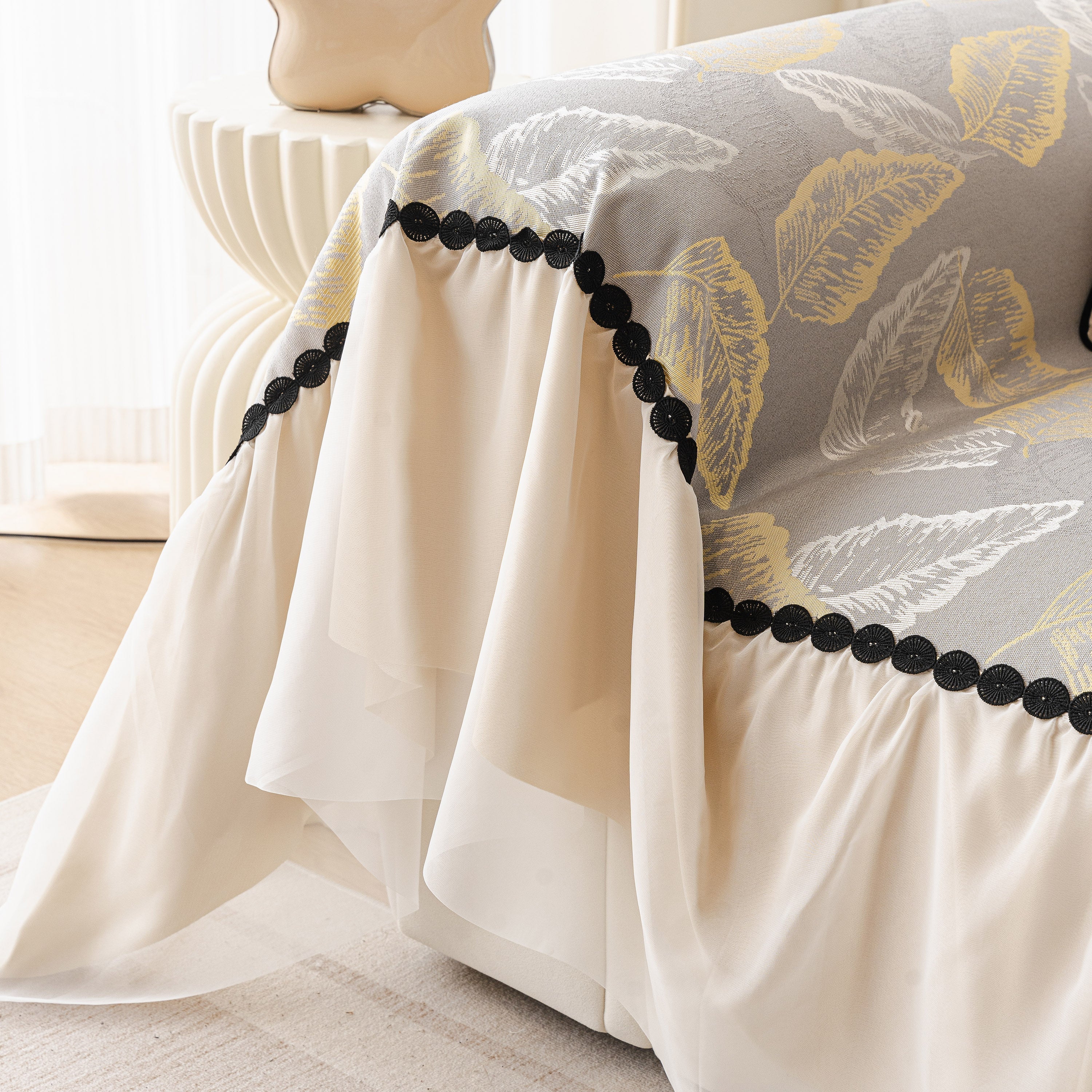 Leaf Jacquard Sofa Cover With Ruffle Skirt – Non-slip Couch Protector With Sheer Hem
