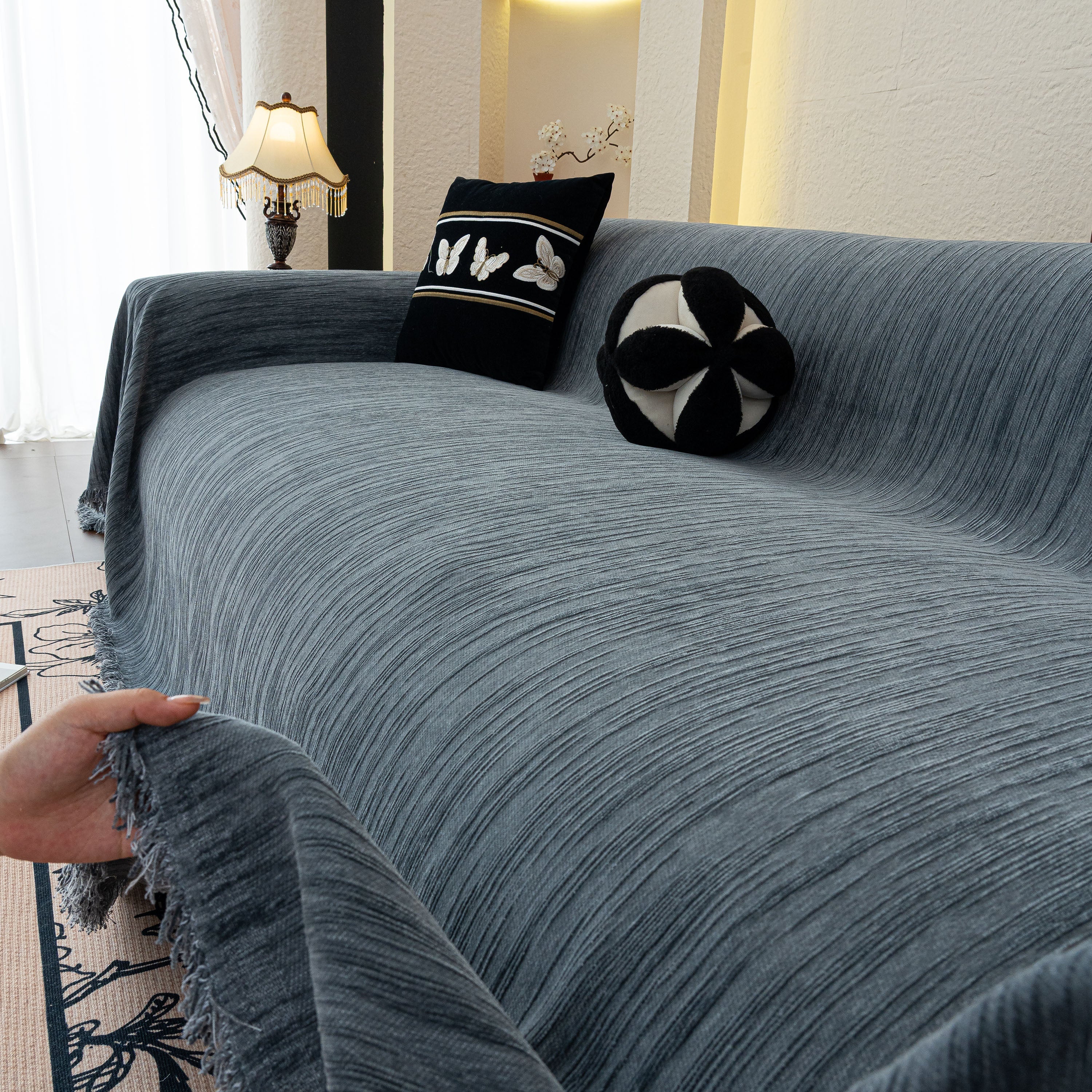 Washable Textured Sofa Cover Throw For Pets, Dogs Furniture Protector With Tassels