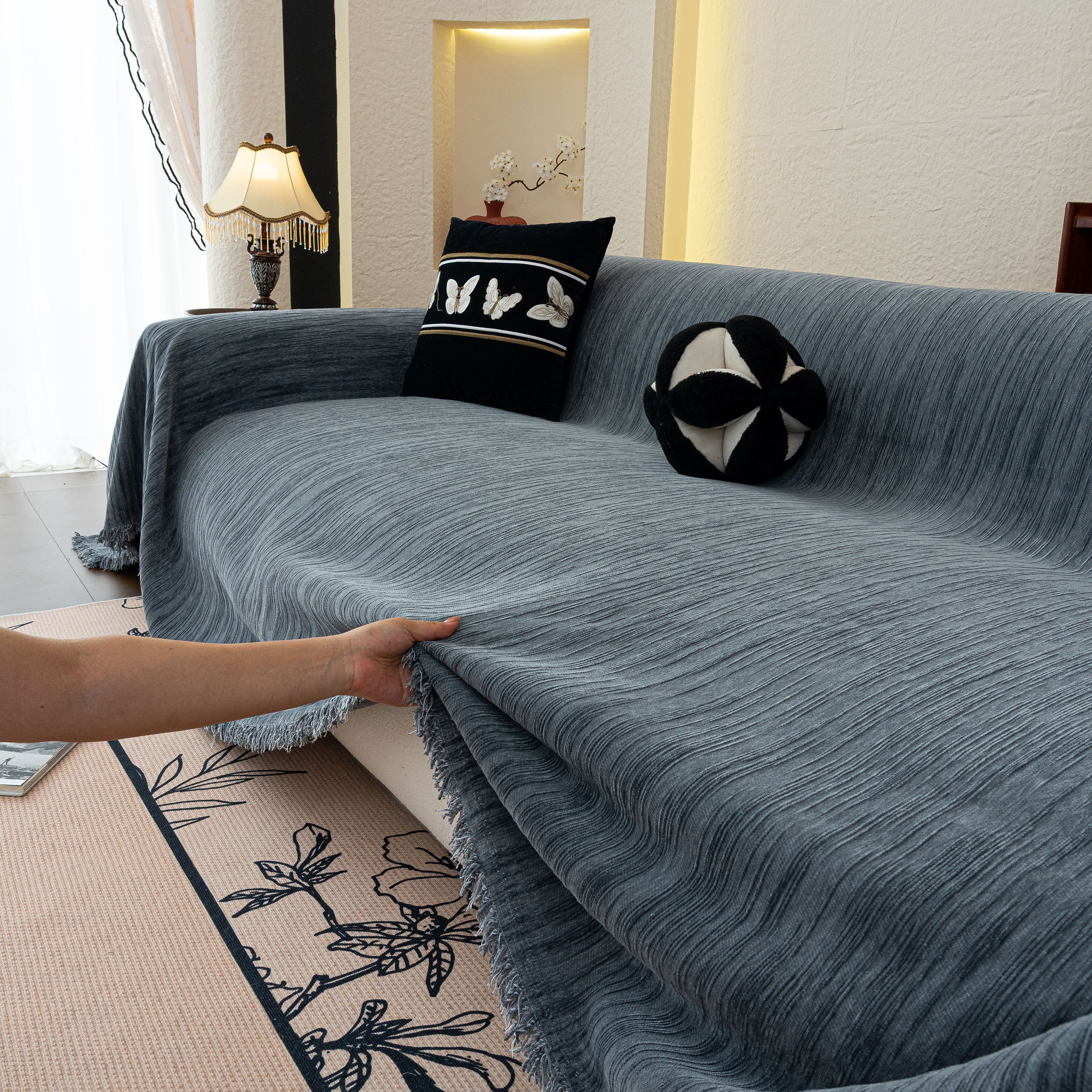 Washable Textured Sofa Cover Throw For Pets, Dogs Furniture Protector With Tassels
