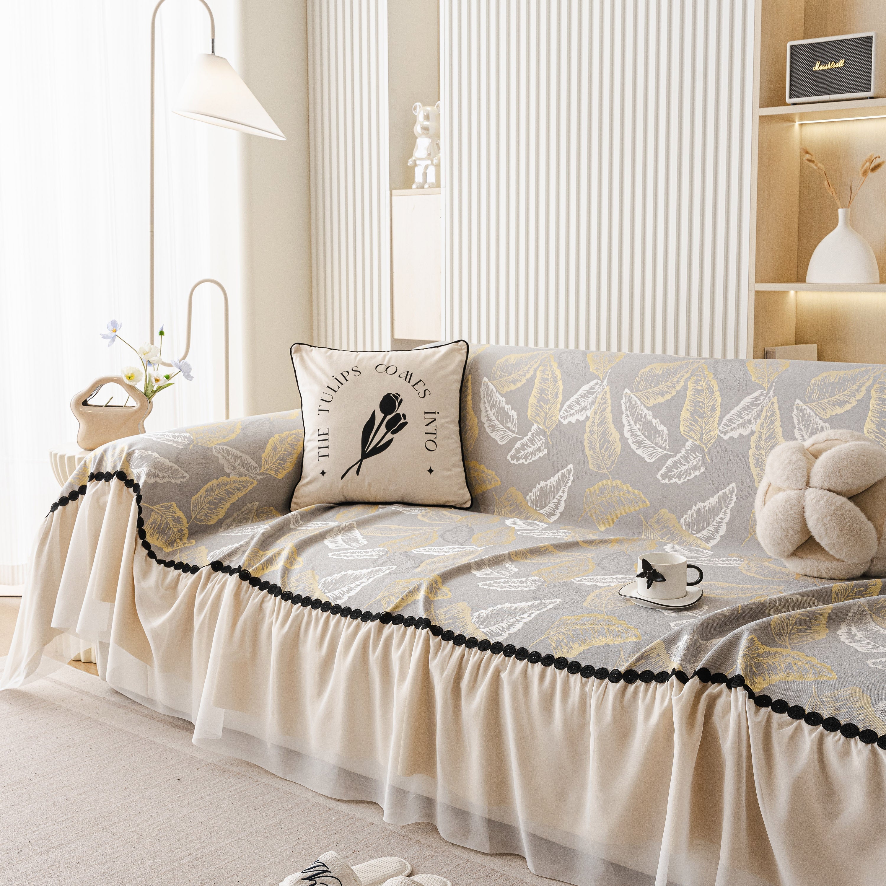 Leaf Jacquard Sofa Cover With Ruffle Skirt – Non-slip Couch Protector With Sheer Hem