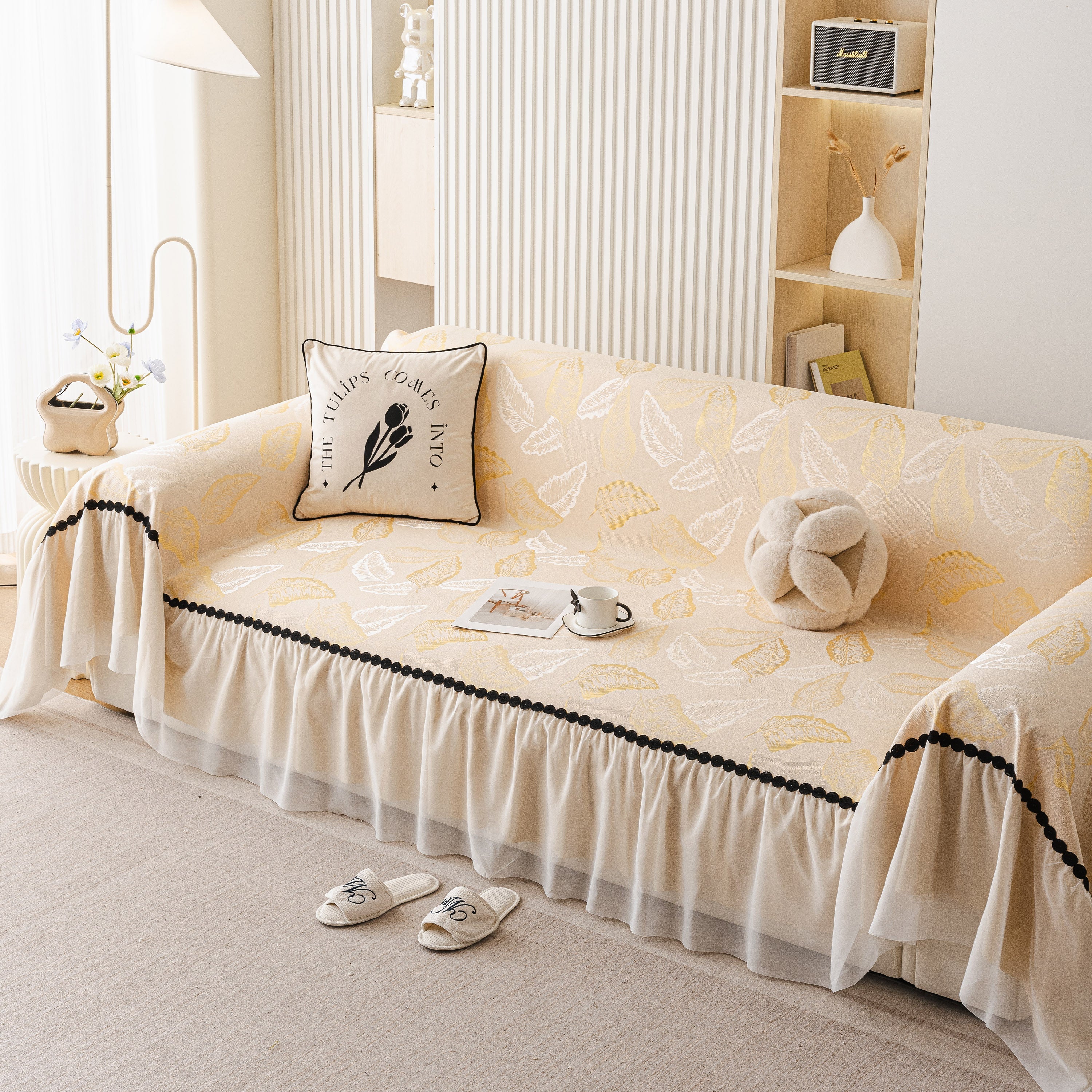 Leaf Jacquard Sofa Cover With Ruffle Skirt – Non-slip Couch Protector With Sheer Hem