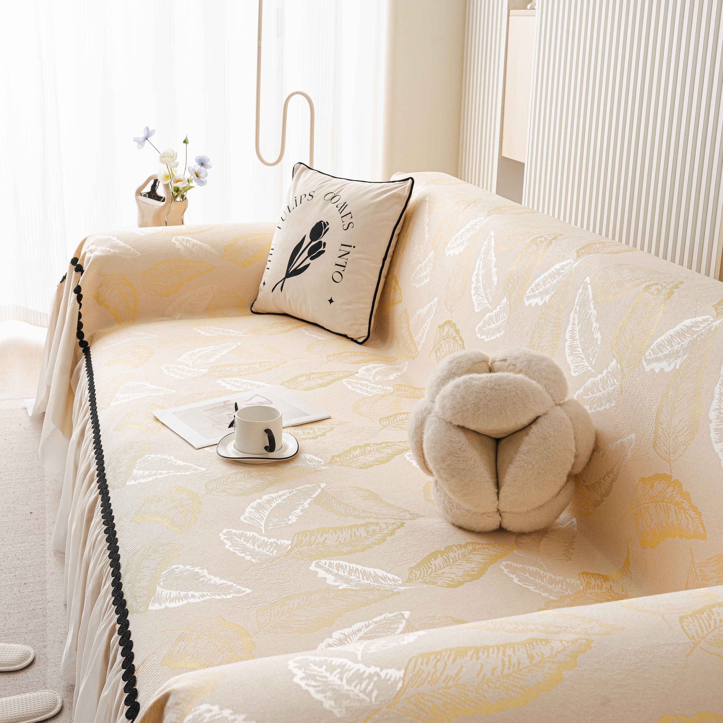 Leaf Jacquard Sofa Cover With Ruffle Skirt – Non-slip Couch Protector With Sheer Hem