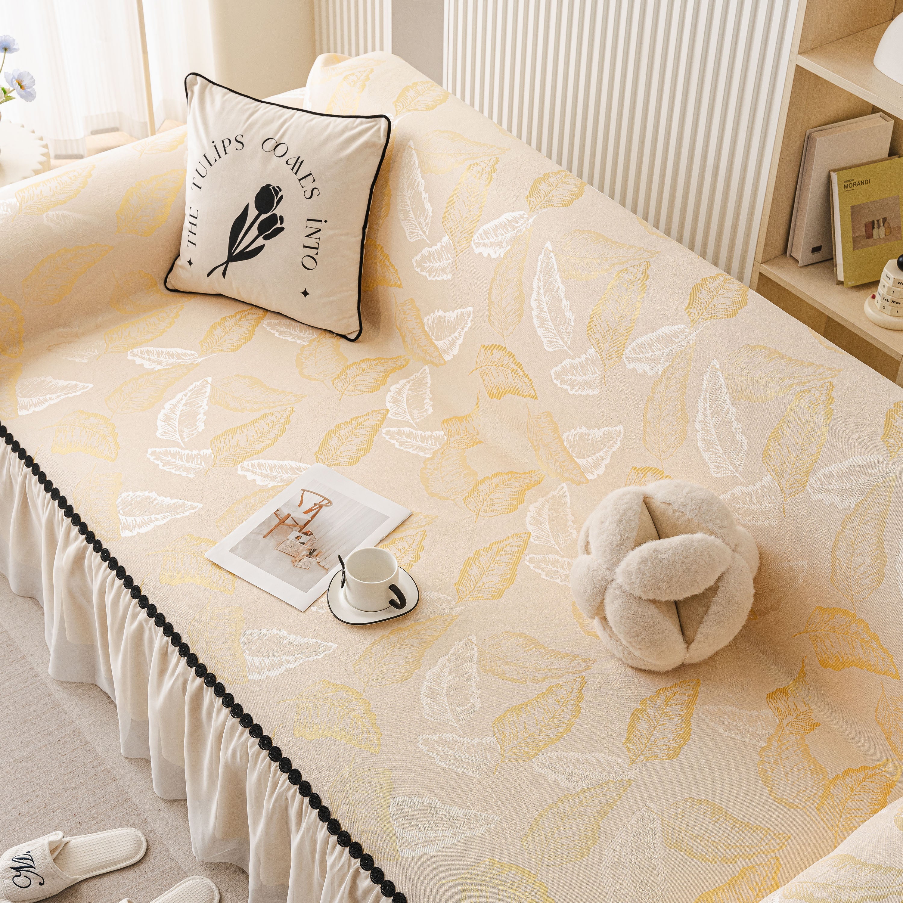 Leaf Jacquard Sofa Cover With Ruffle Skirt – Non-slip Couch Protector With Sheer Hem