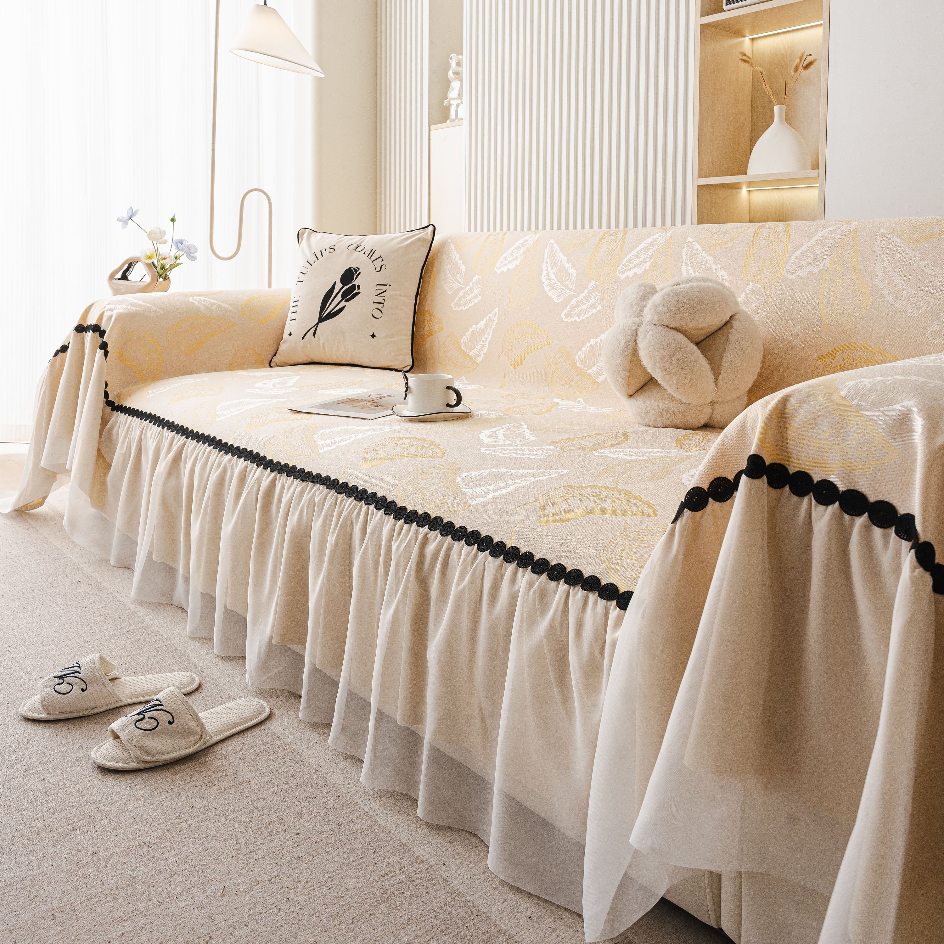 Leaf Jacquard Sofa Cover With Ruffle Skirt – Non-slip Couch Protector With Sheer Hem