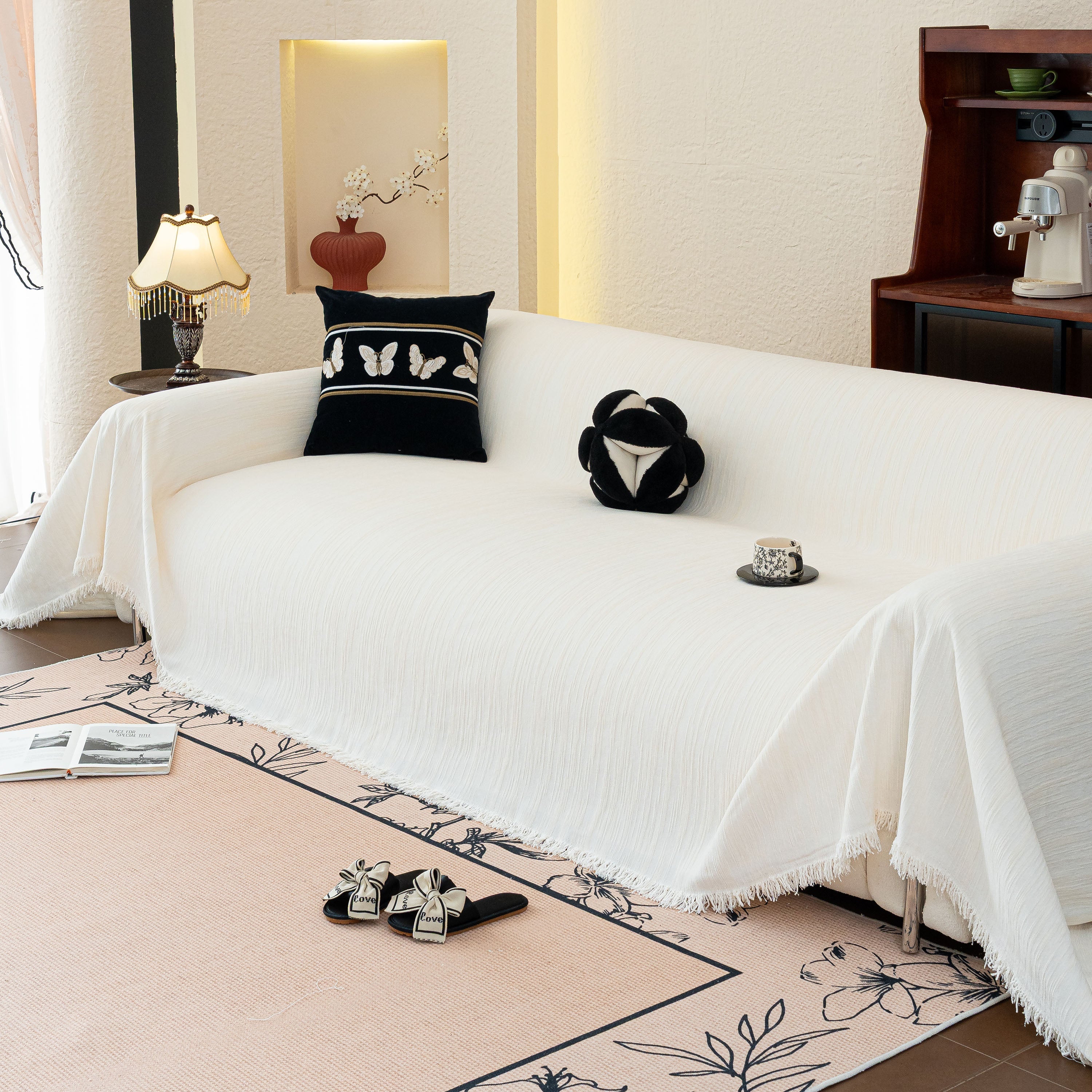 Washable Textured Sofa Cover Throw For Pets, Dogs Furniture Protector With Tassels