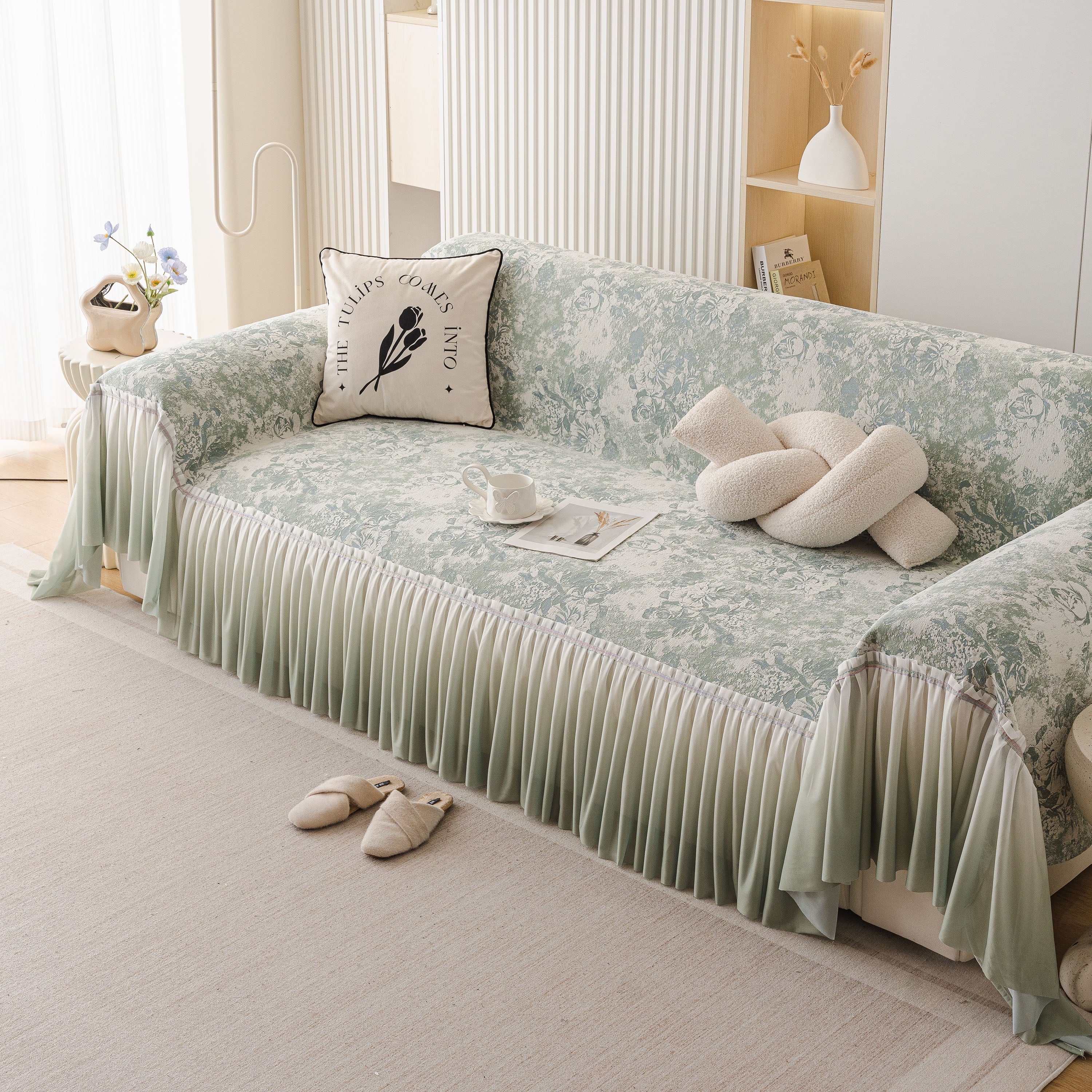 French Chic Style Ruffle Rose Cover Throw For Sofas, Decorative Sectional Covers