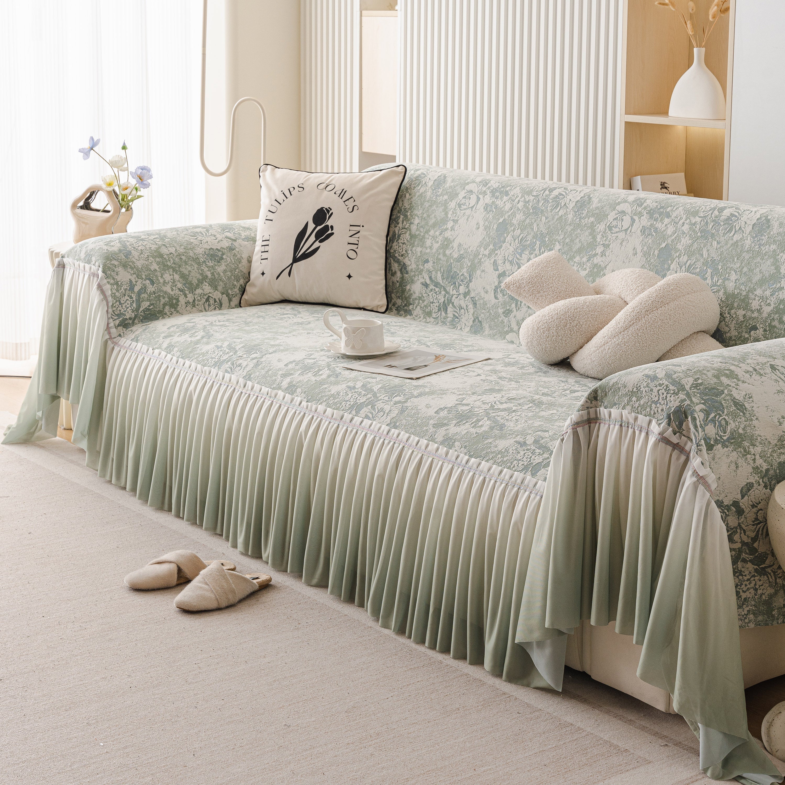 French Chic Style Ruffle Rose Cover Throw For Sofas, Decorative Sectional Covers