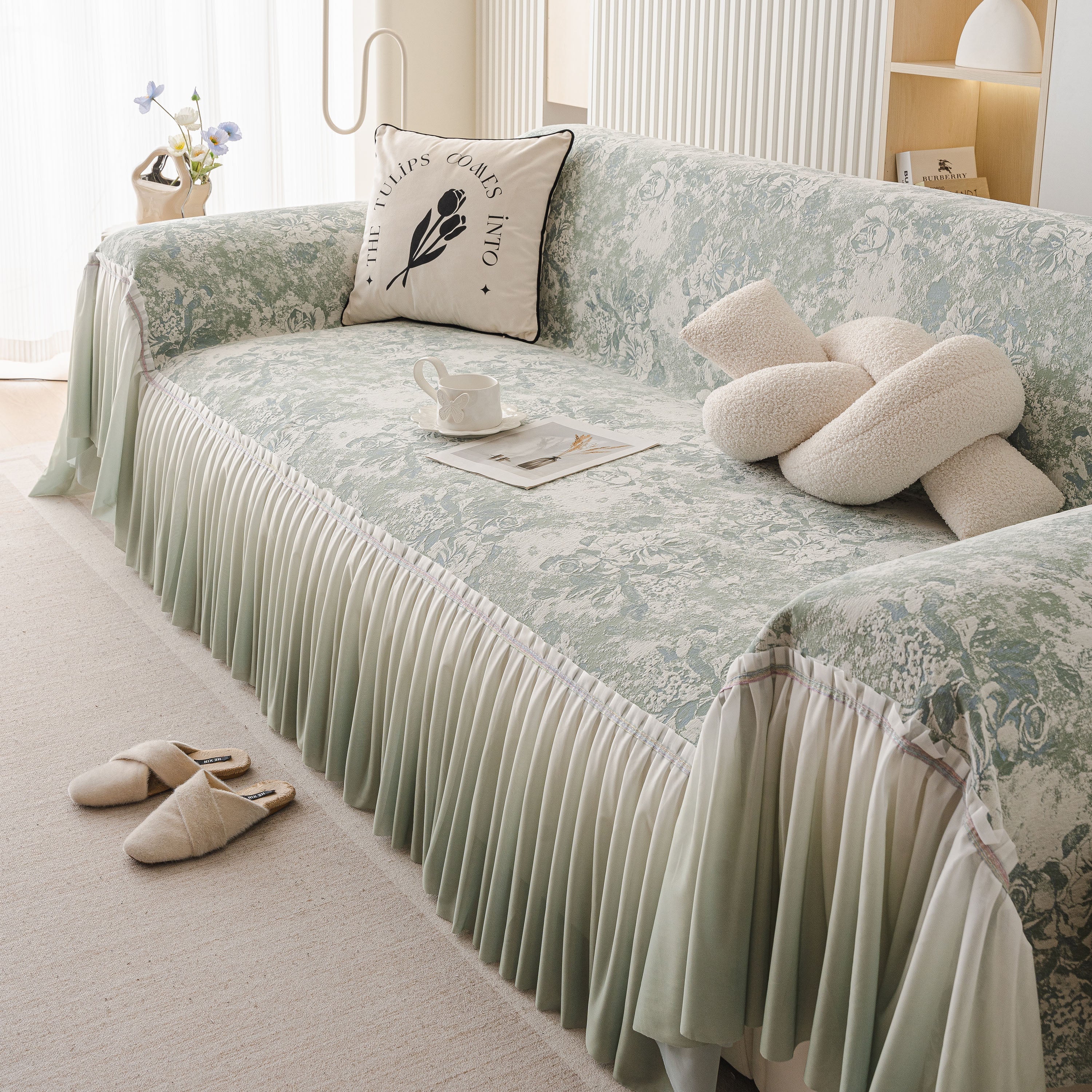 French Chic Style Ruffle Rose Cover Throw For Sofas, Decorative Sectional Covers