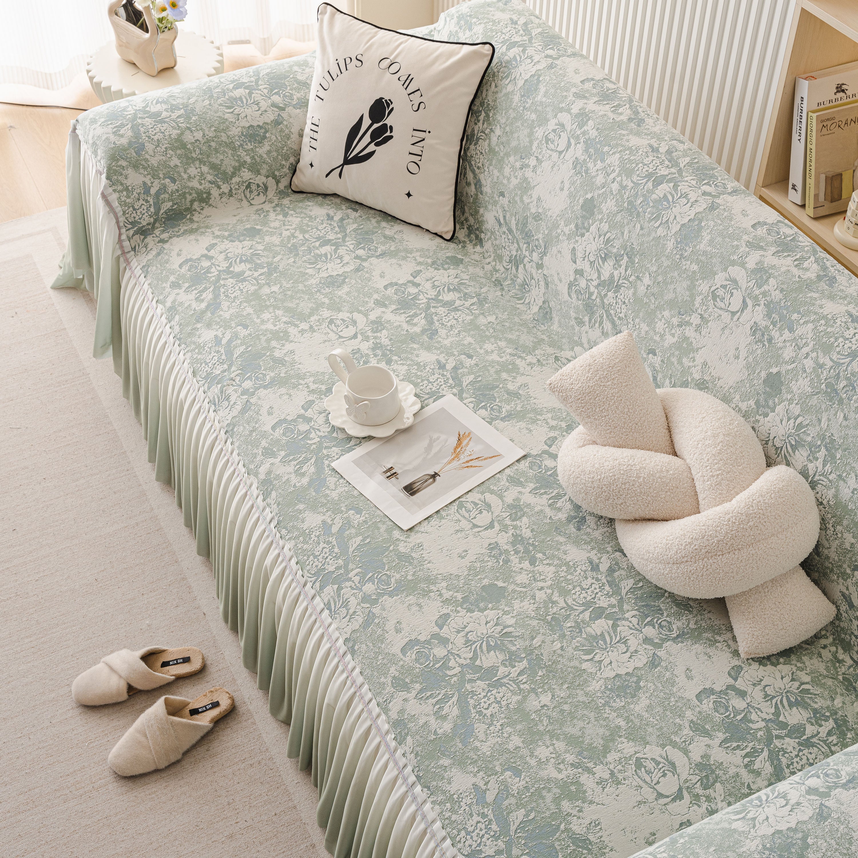 French Chic Style Ruffle Rose Cover Throw For Sofas, Decorative Sectional Covers