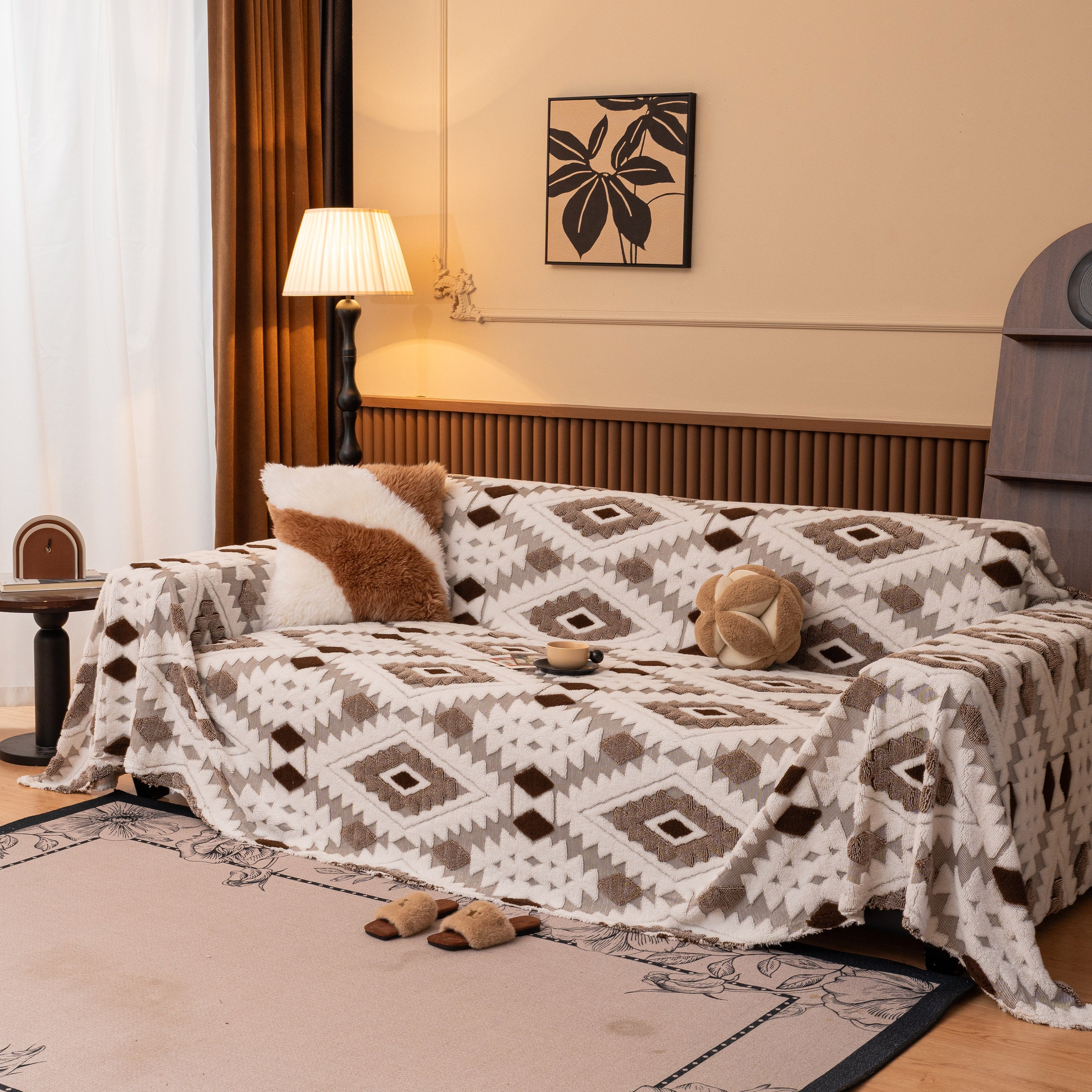 Bohemian Tufted Sofa Cover, Soft Sherpa Fleece Throw Blanket With 3d Aztec Geometric