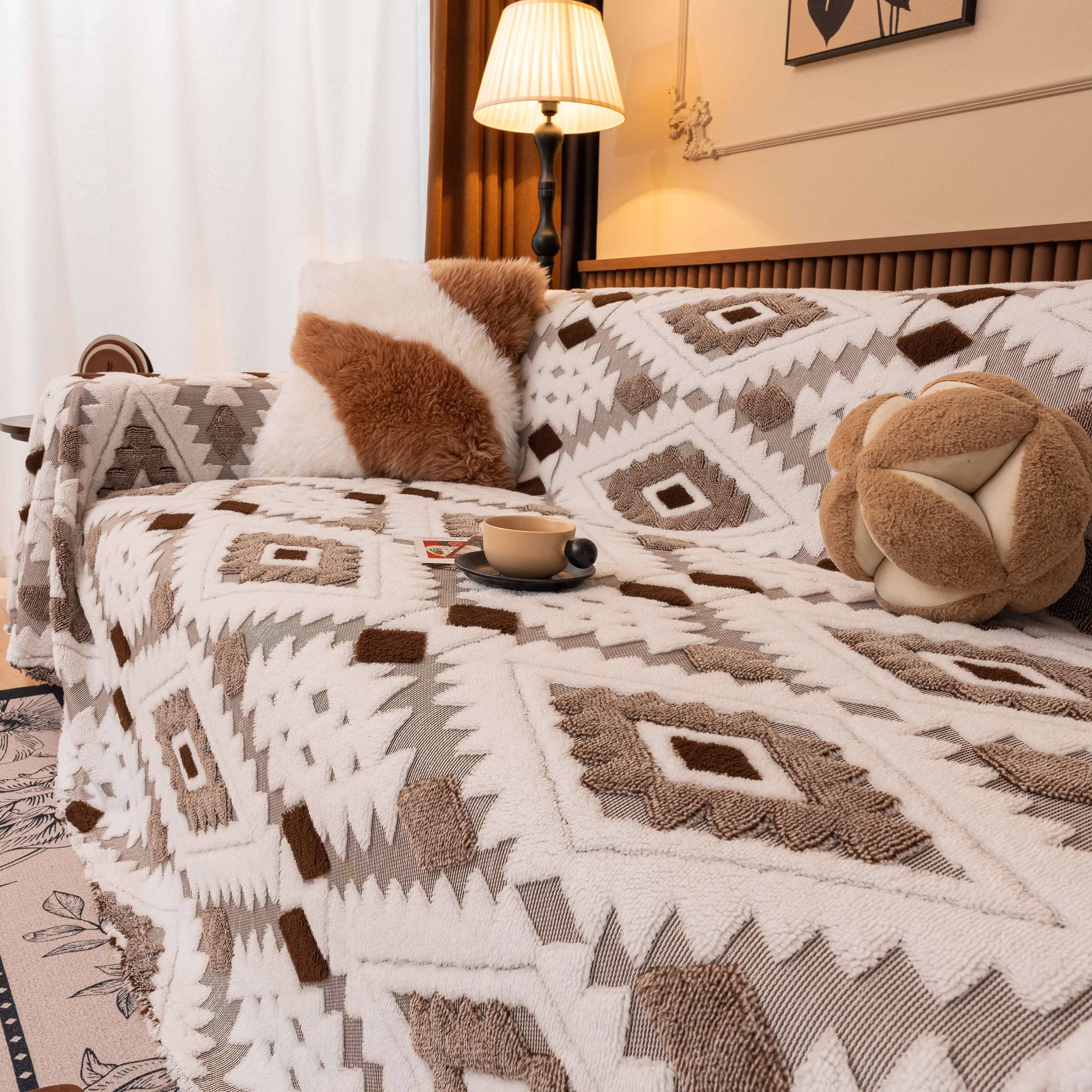 Bohemian Tufted Sofa Cover, Soft Sherpa Fleece Throw Blanket With 3d Aztec Geometric