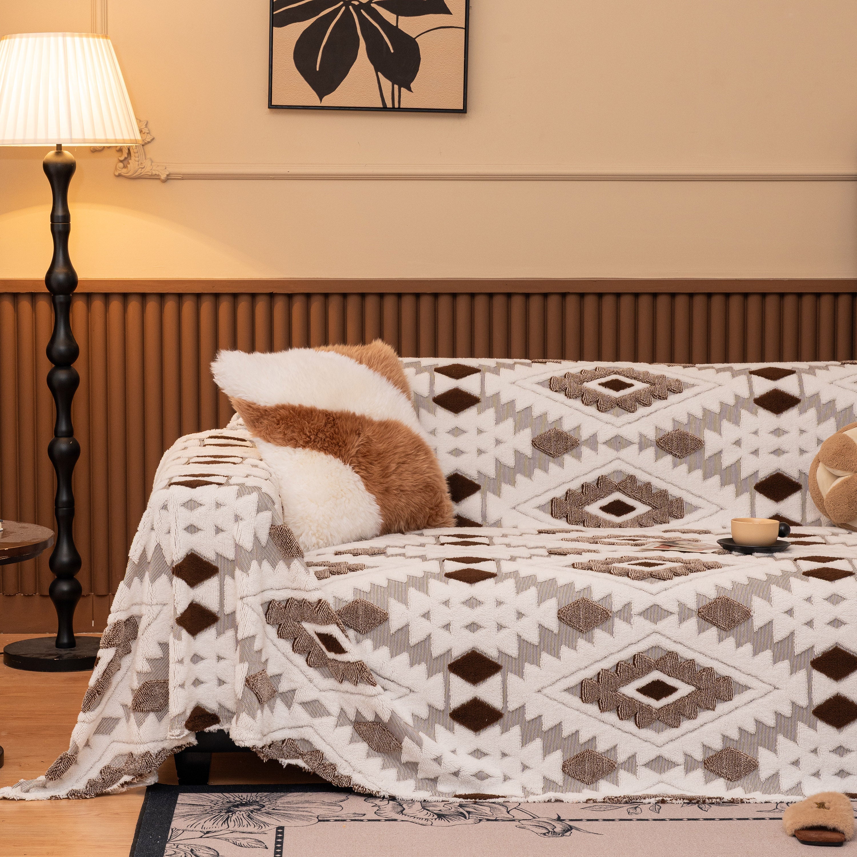 Bohemian Tufted Sofa Cover, Soft Sherpa Fleece Throw Blanket With 3d Aztec Geometric