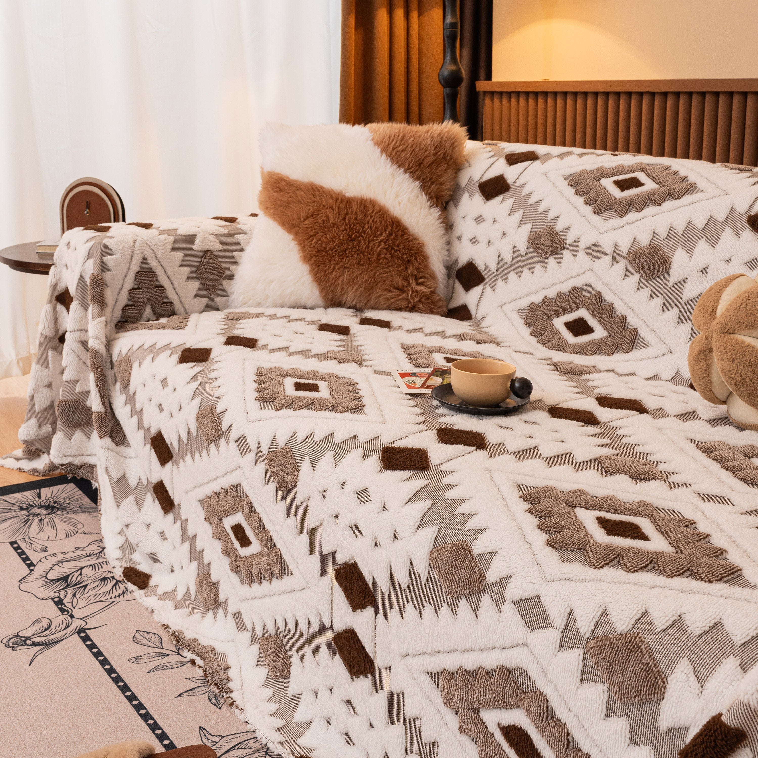 Bohemian Tufted Sofa Cover, Soft Sherpa Fleece Throw Blanket With 3d Aztec Geometric