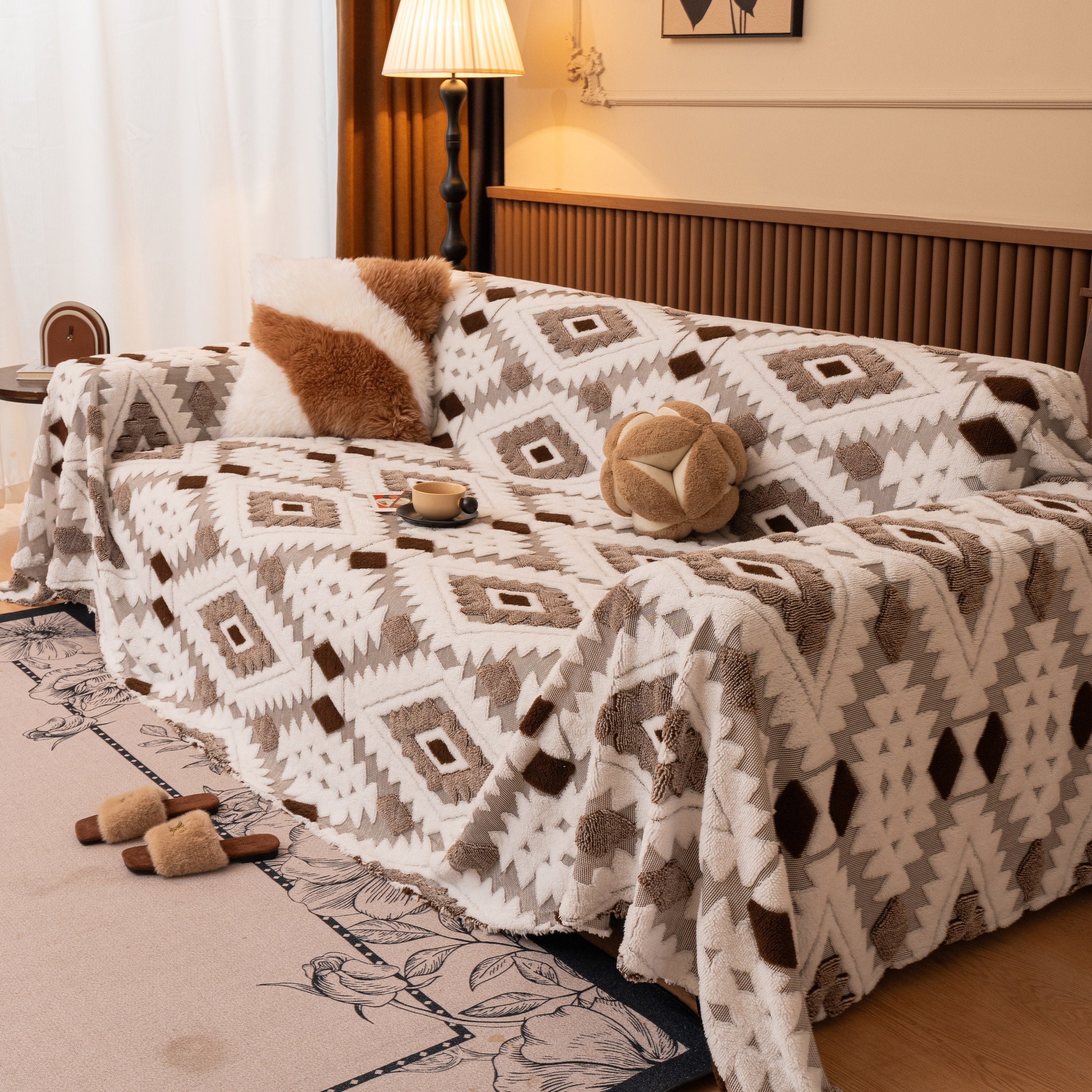 Bohemian Tufted Sofa Cover, Soft Sherpa Fleece Throw Blanket With 3d Aztec Geometric