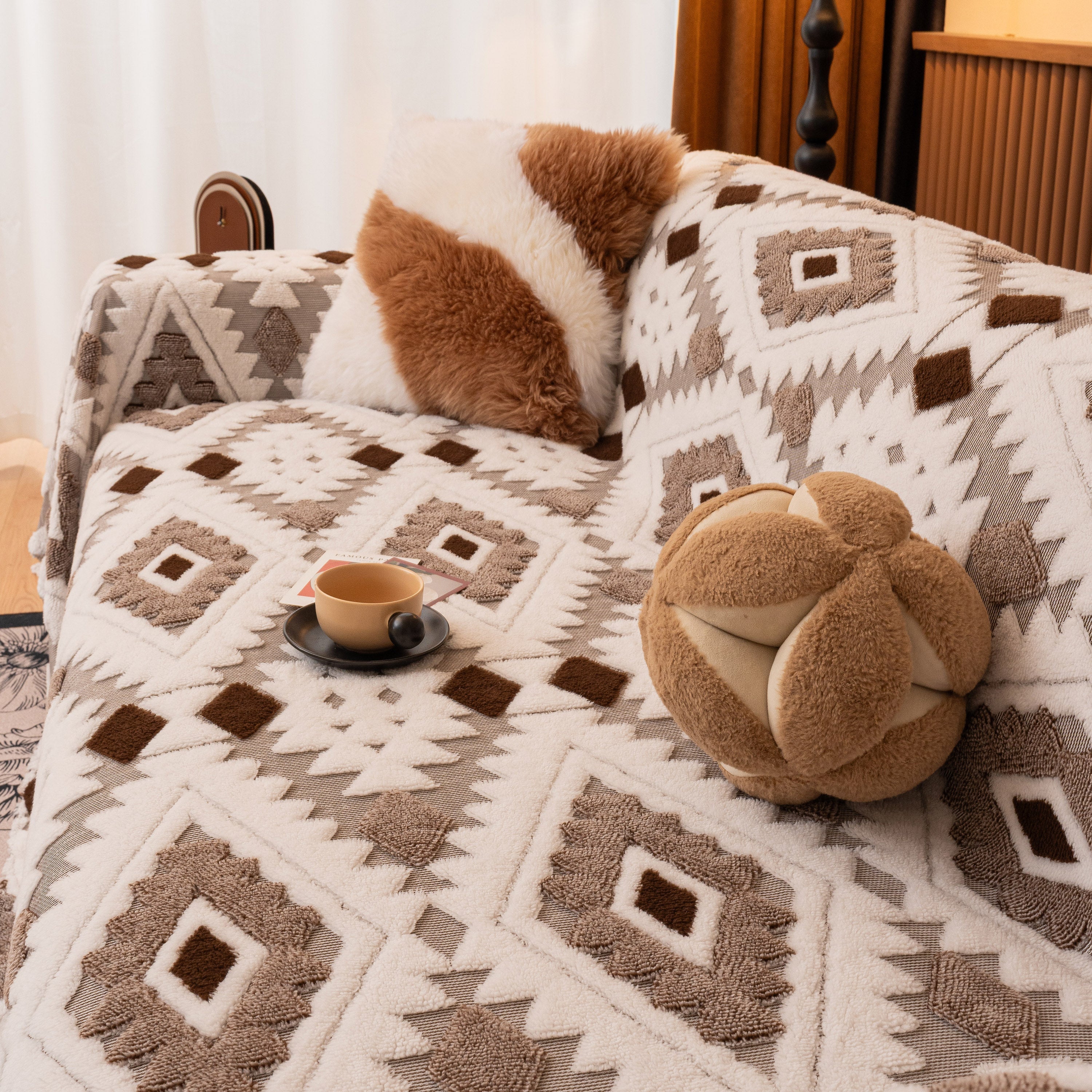 Bohemian Tufted Sofa Cover, Soft Sherpa Fleece Throw Blanket With 3d Aztec Geometric