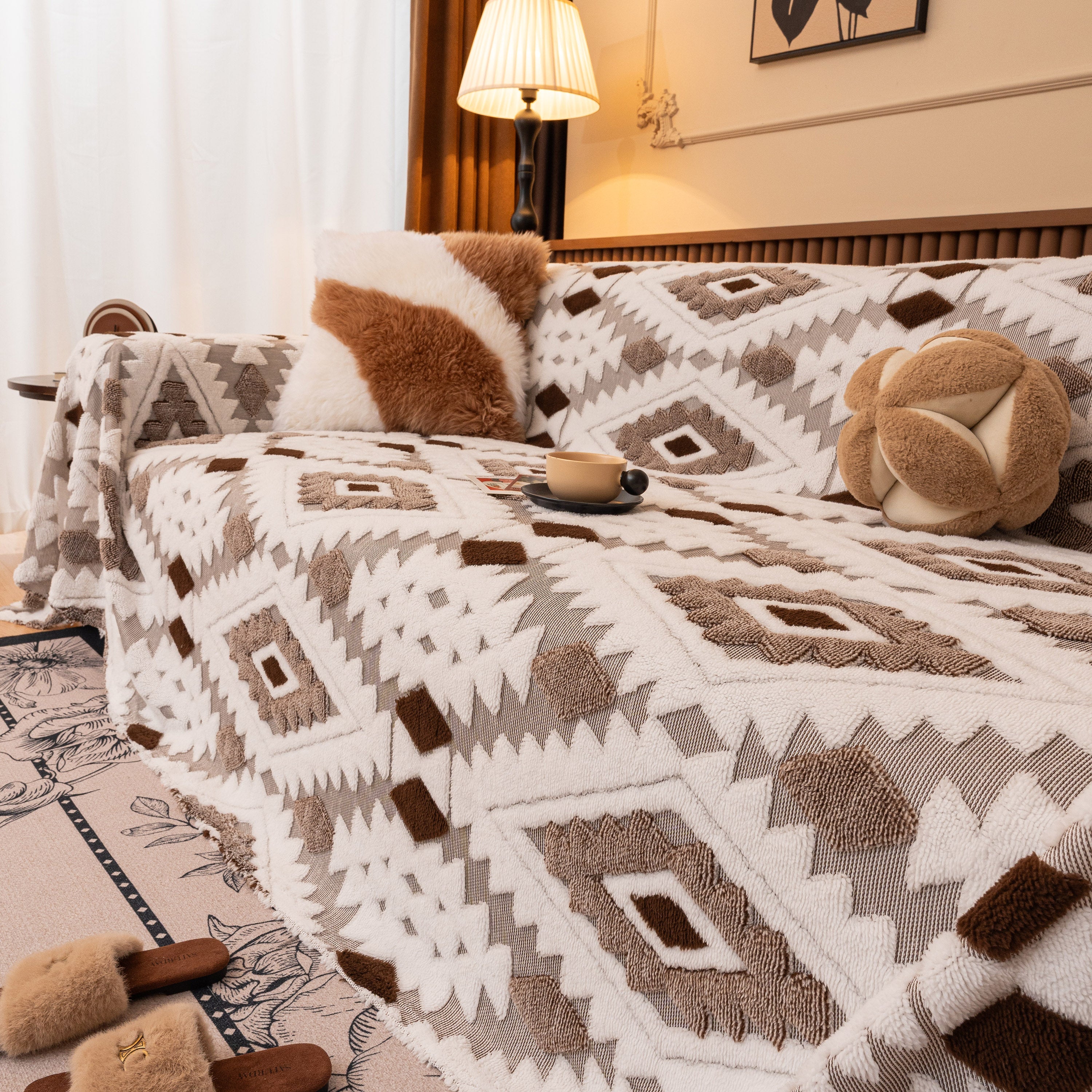 Bohemian Tufted Sofa Cover, Soft Sherpa Fleece Throw Blanket With 3d Aztec Geometric
