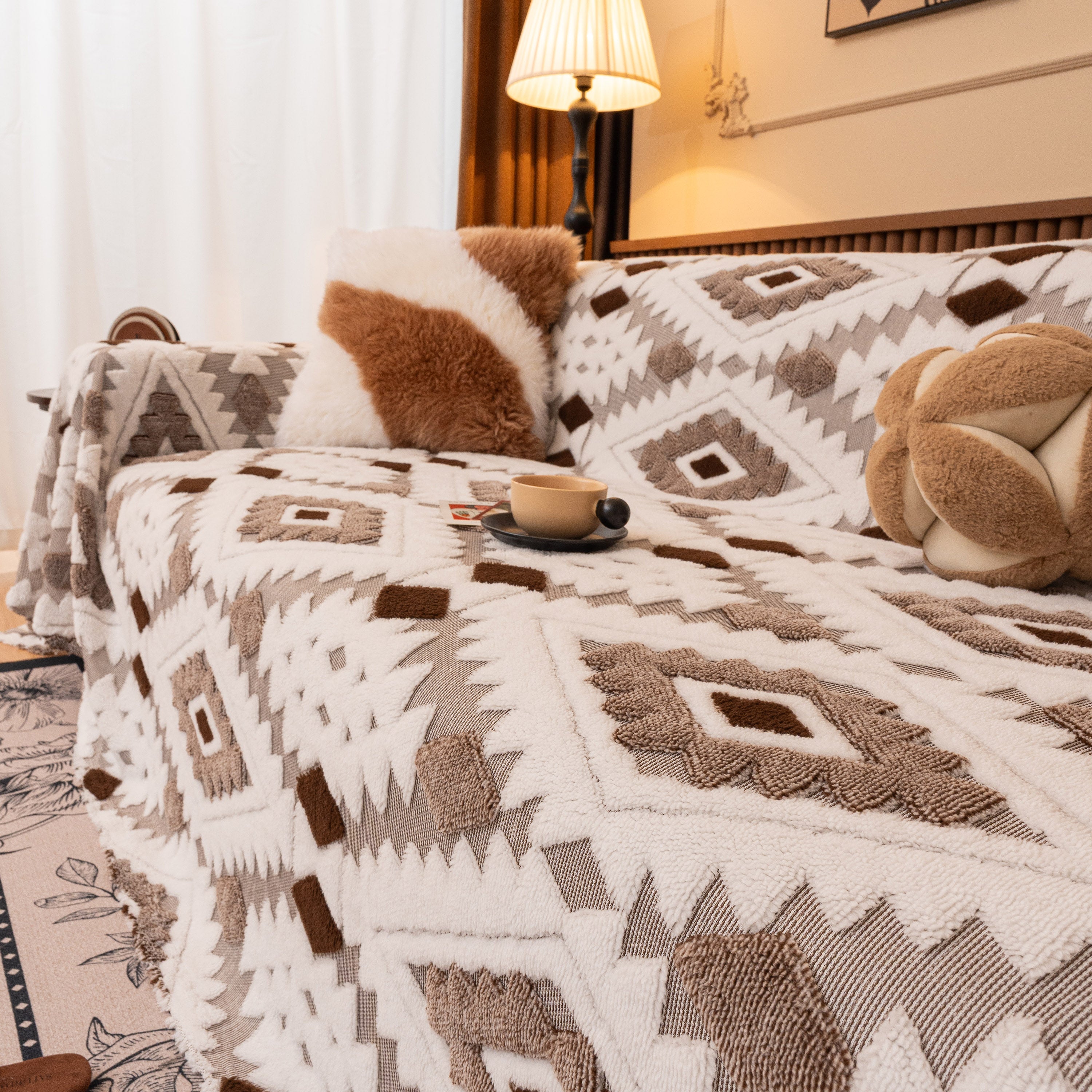 Bohemian Tufted Sofa Cover, Soft Sherpa Fleece Throw Blanket With 3d Aztec Geometric
