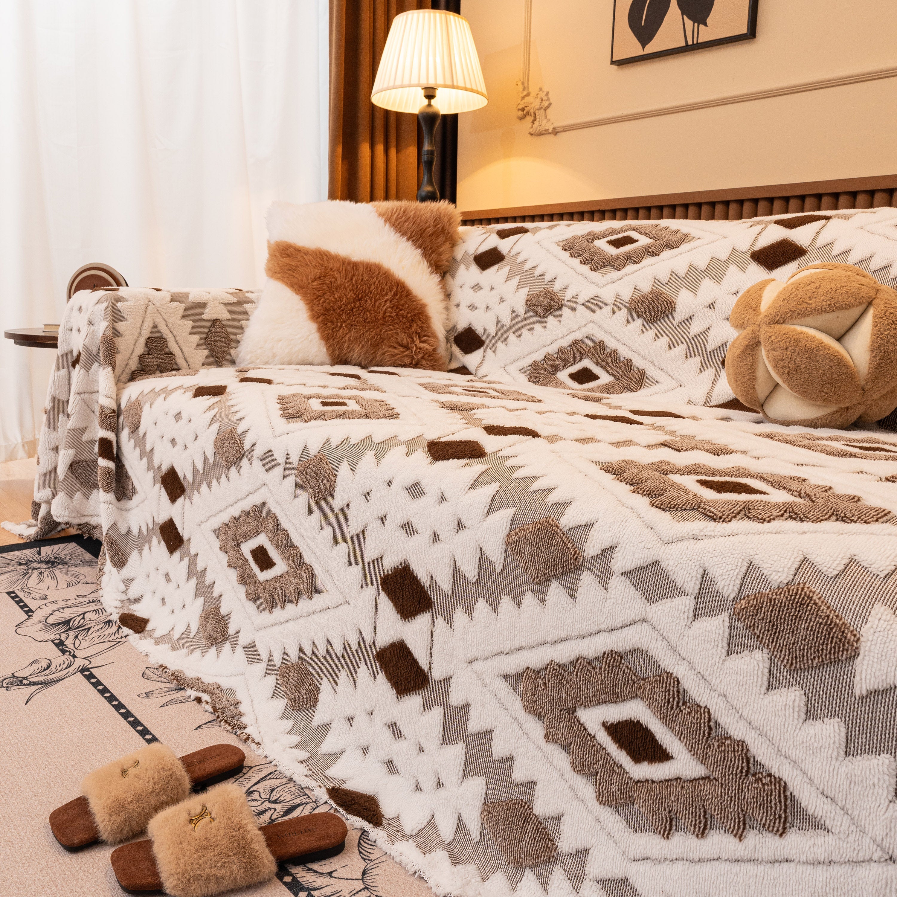Bohemian Tufted Sofa Cover, Soft Sherpa Fleece Throw Blanket With 3d Aztec Geometric