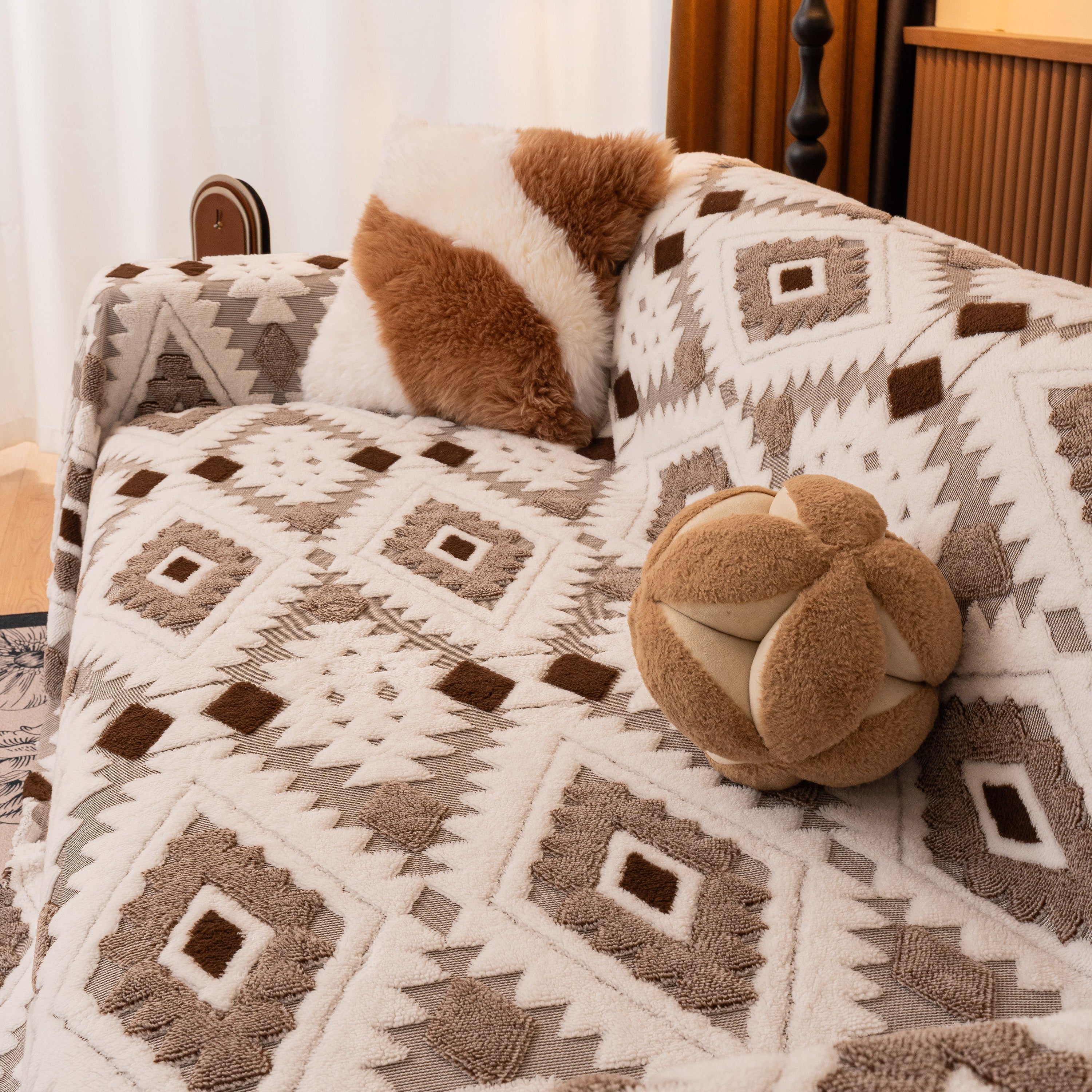 Bohemian Tufted Sofa Cover, Soft Sherpa Fleece Throw Blanket With 3d Aztec Geometric