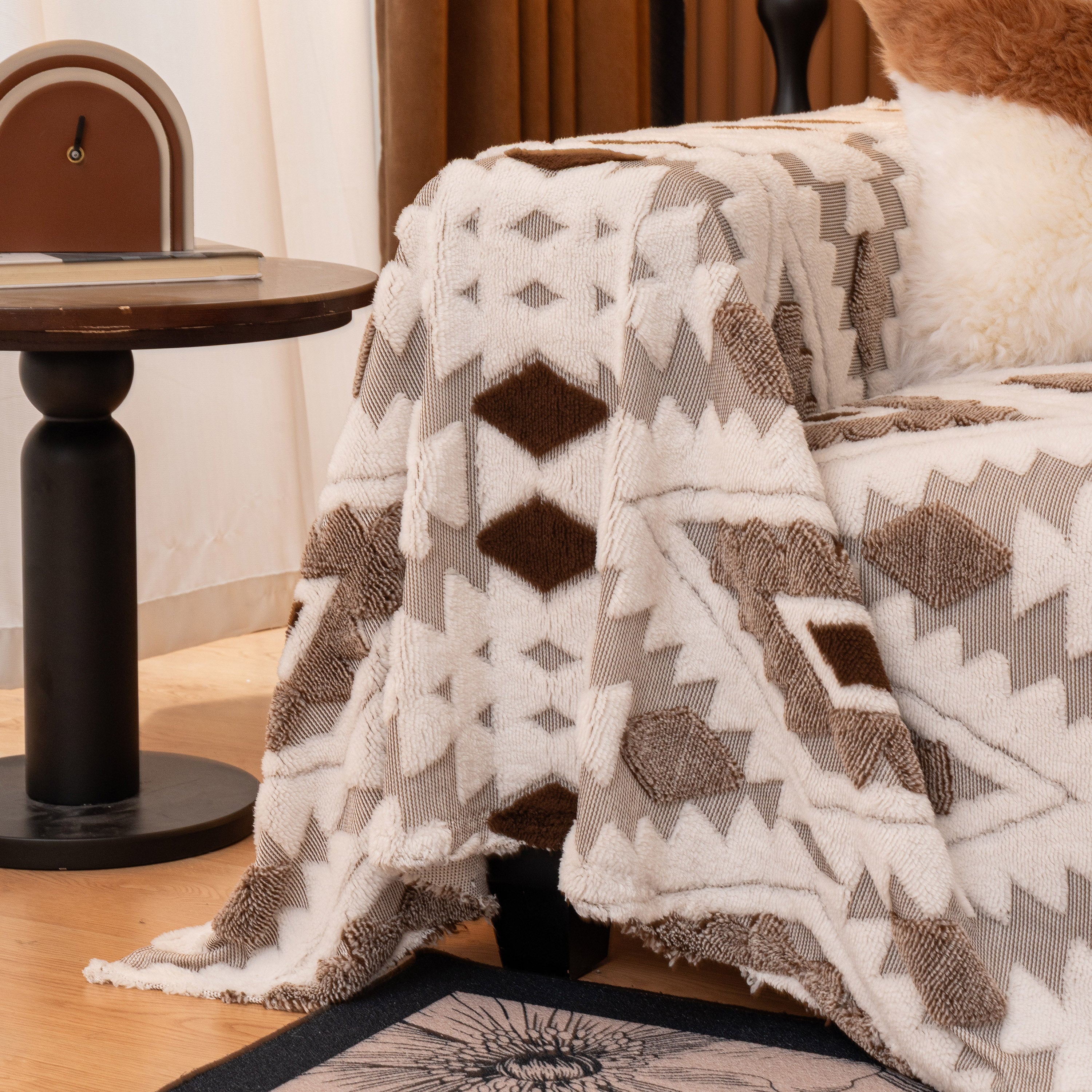 Bohemian Tufted Sofa Cover, Soft Sherpa Fleece Throw Blanket With 3d Aztec Geometric