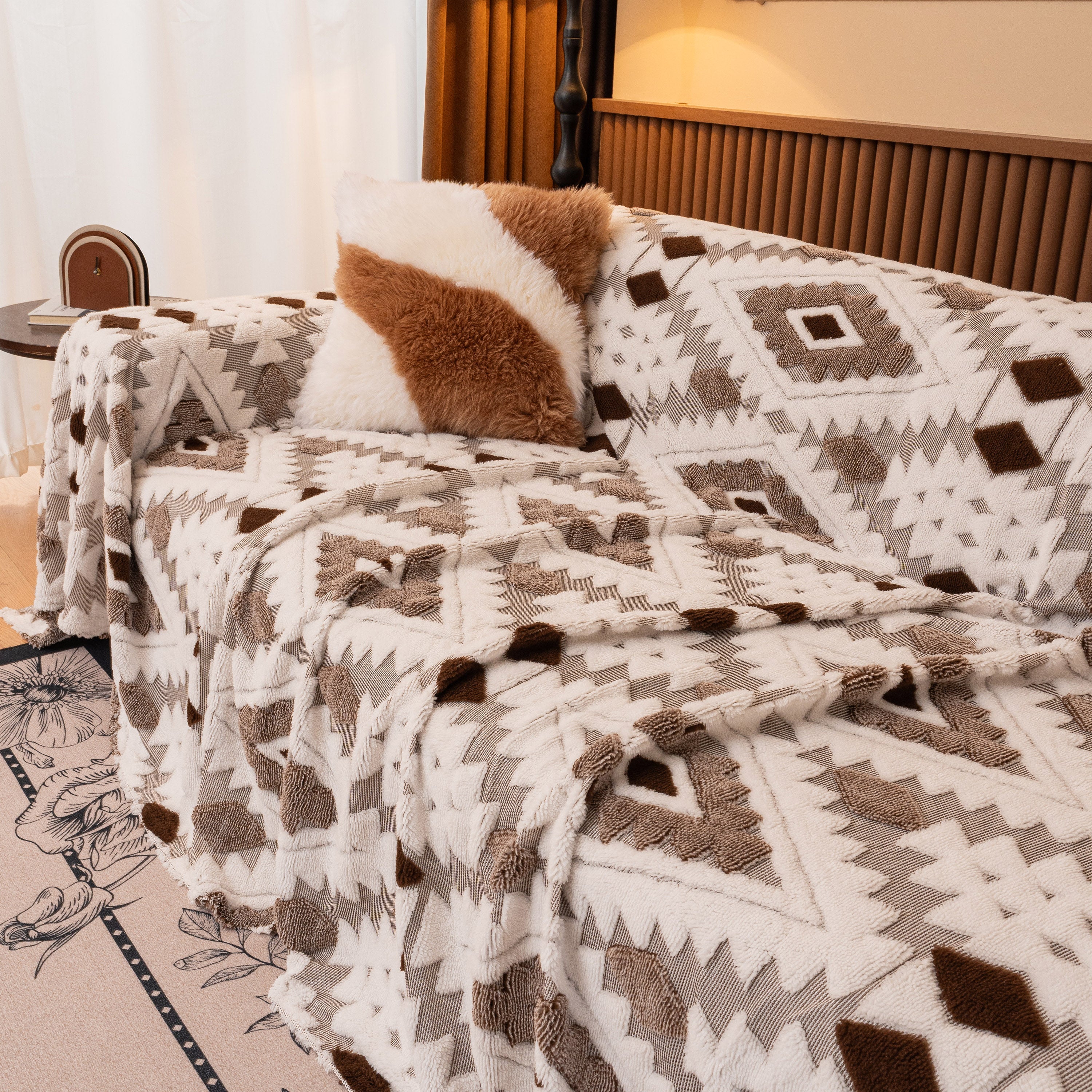 Bohemian Tufted Sofa Cover, Soft Sherpa Fleece Throw Blanket With 3d Aztec Geometric