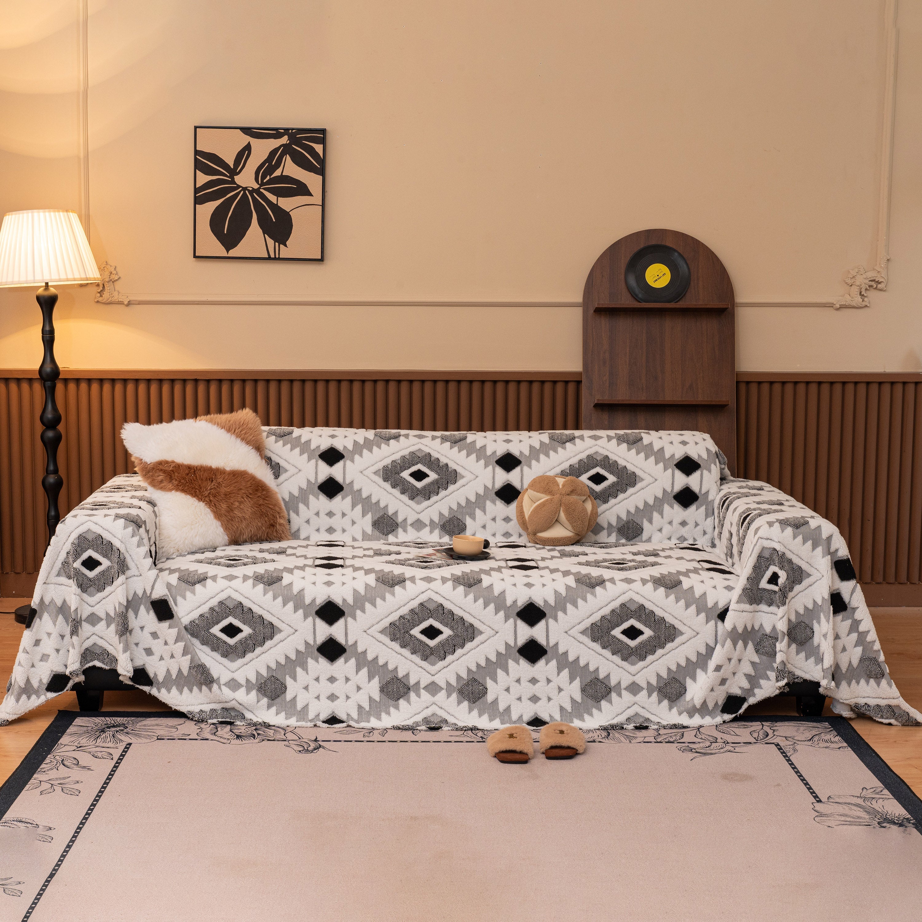 Bohemian Tufted Sofa Cover, Soft Sherpa Fleece Throw Blanket With 3d Aztec Geometric