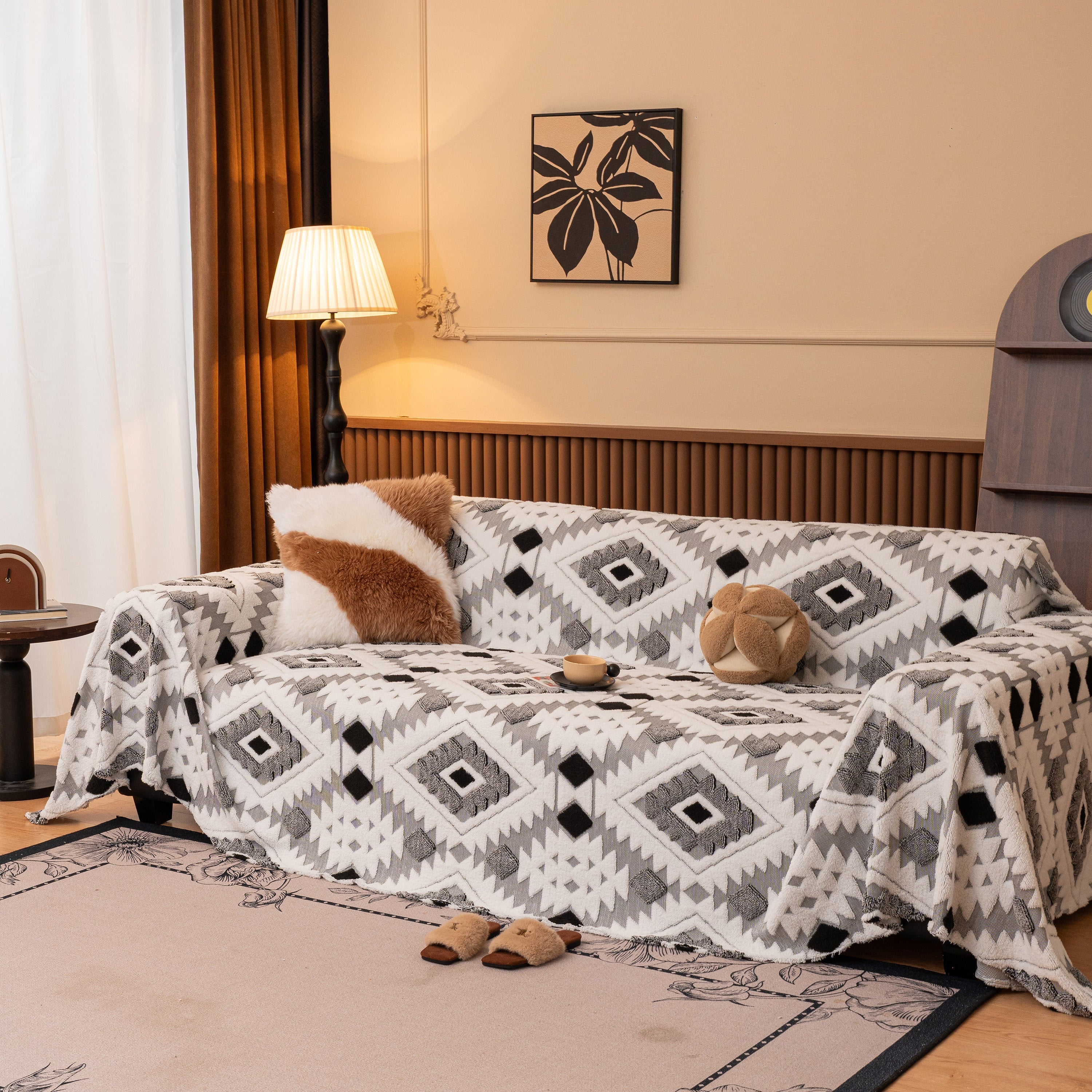 Bohemian Tufted Sofa Cover, Soft Sherpa Fleece Throw Blanket With 3d Aztec Geometric