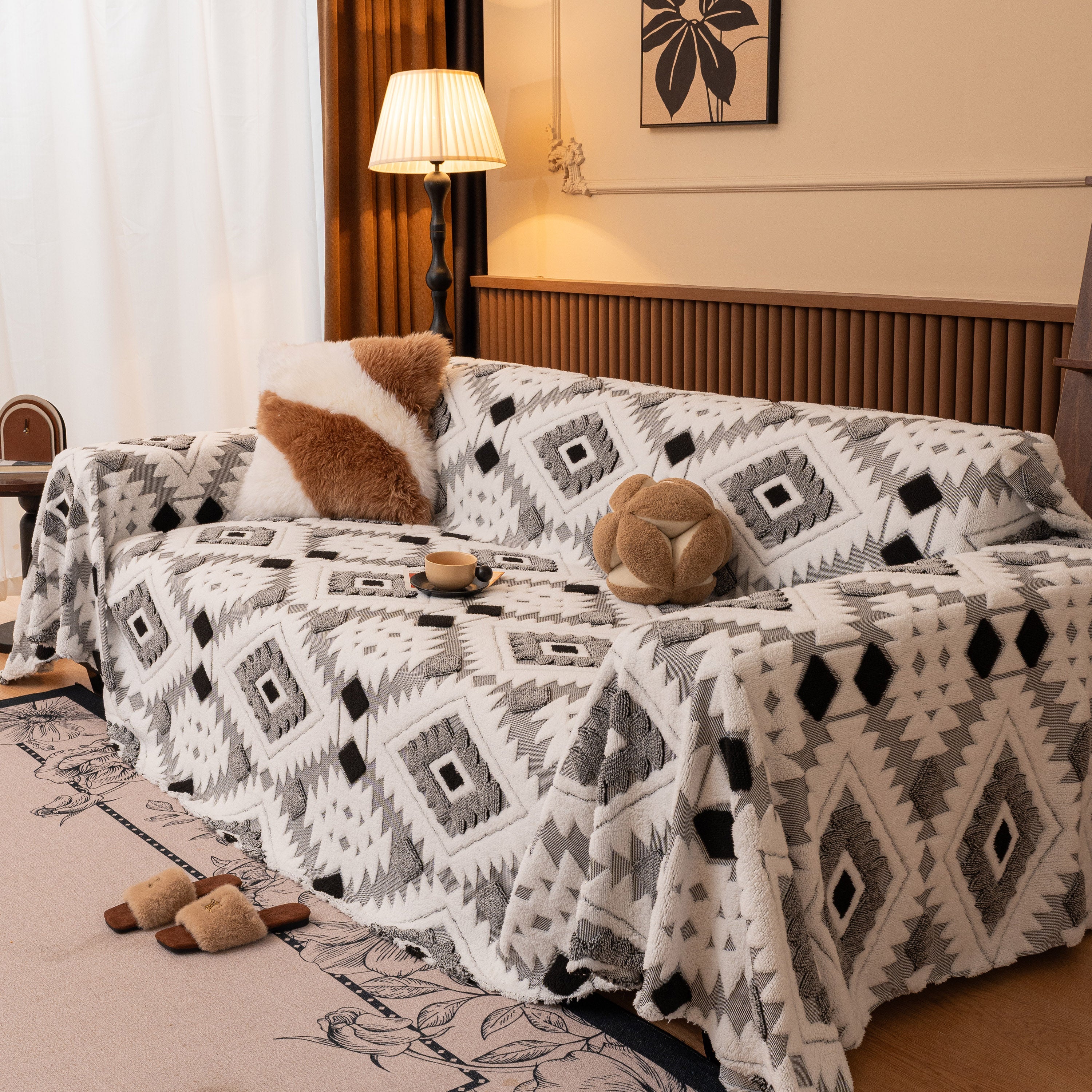 Bohemian Tufted Sofa Cover, Soft Sherpa Fleece Throw Blanket With 3d Aztec Geometric