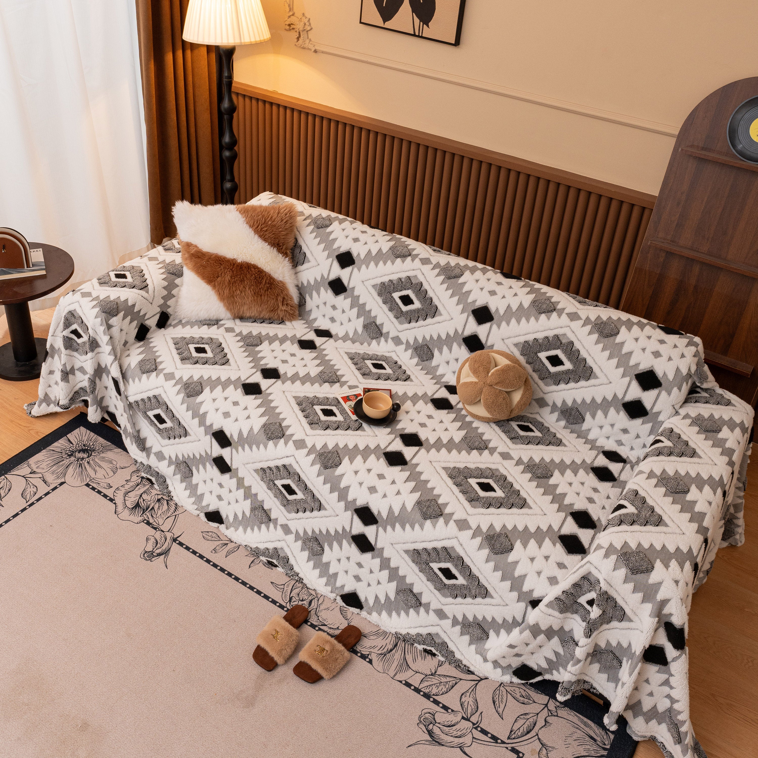Bohemian Tufted Sofa Cover, Soft Sherpa Fleece Throw Blanket With 3d Aztec Geometric