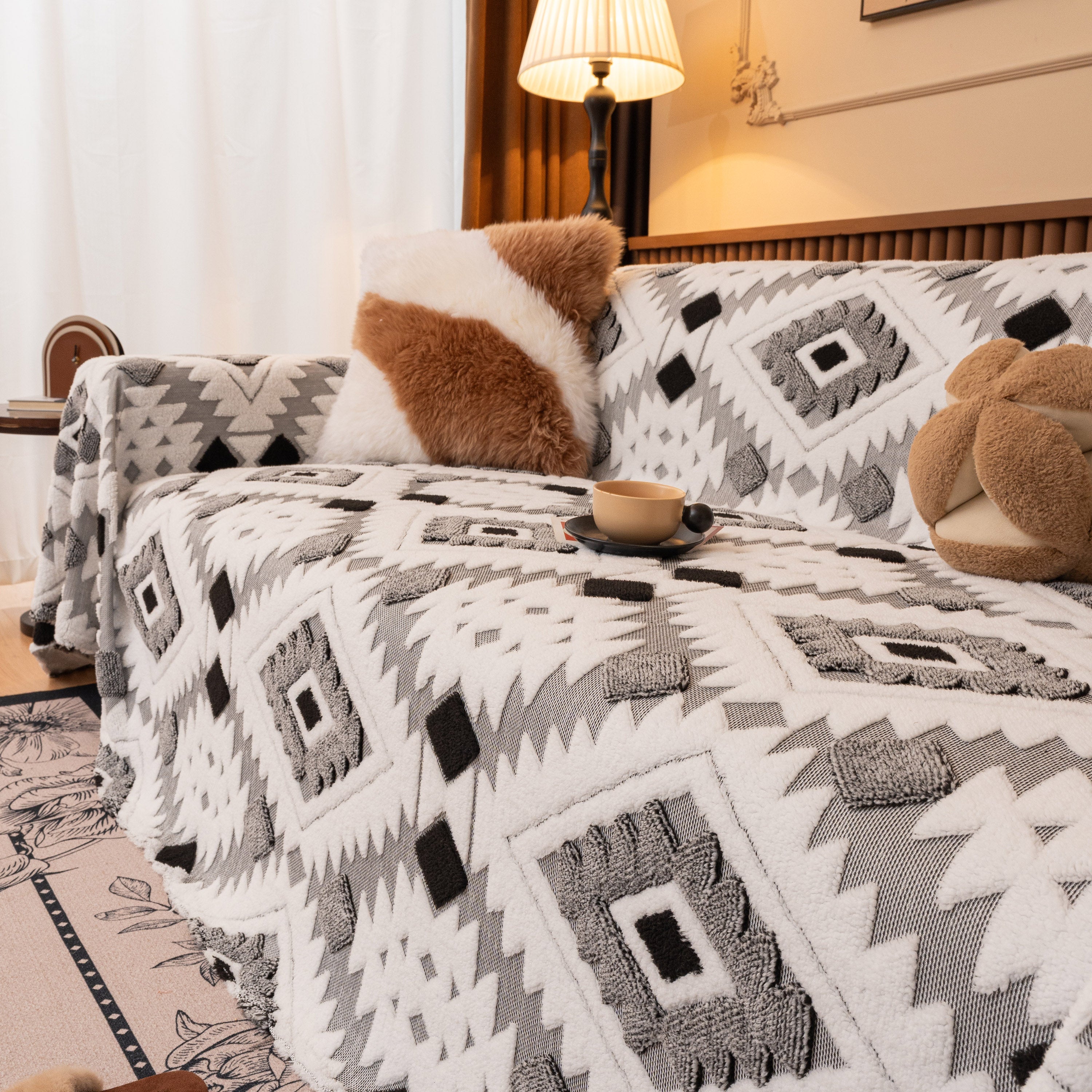Bohemian Tufted Sofa Cover, Soft Sherpa Fleece Throw Blanket With 3d Aztec Geometric