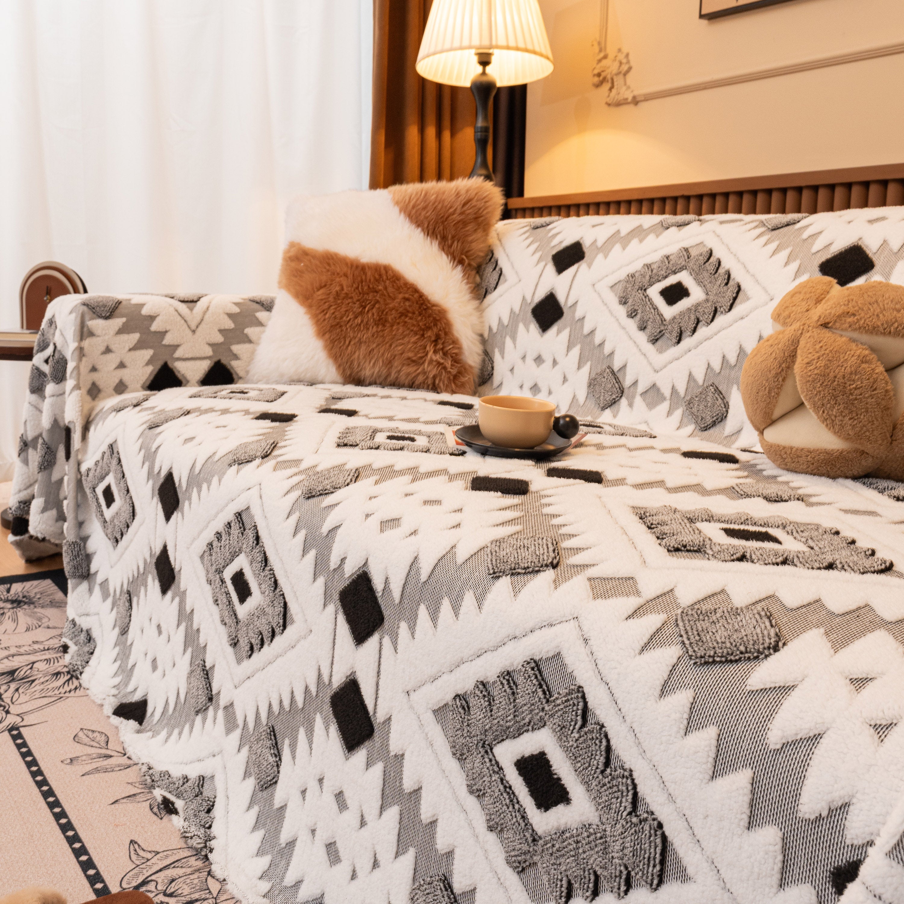 Bohemian Tufted Sofa Cover, Soft Sherpa Fleece Throw Blanket With 3d Aztec Geometric