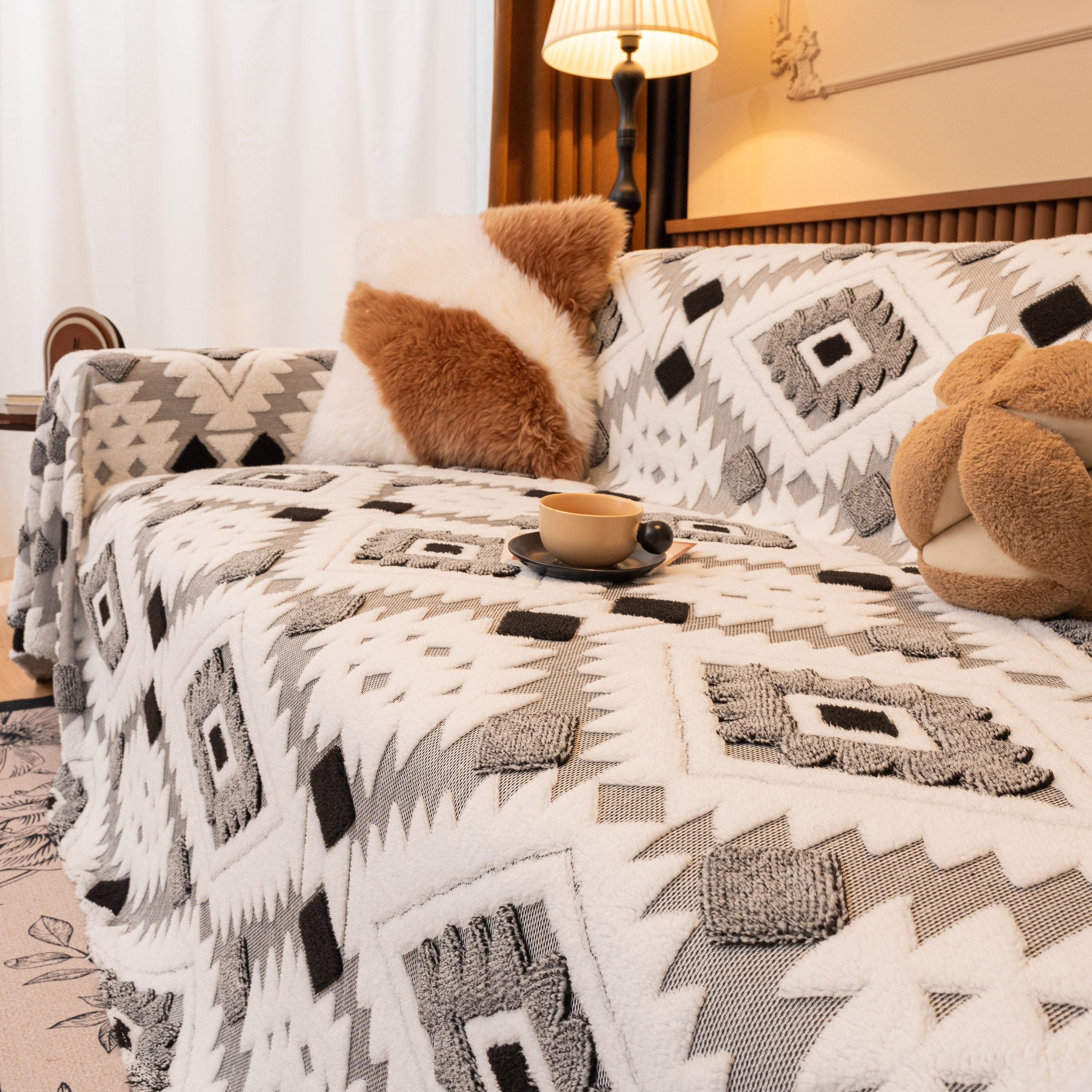 Bohemian Tufted Sofa Cover, Soft Sherpa Fleece Throw Blanket With 3d Aztec Geometric