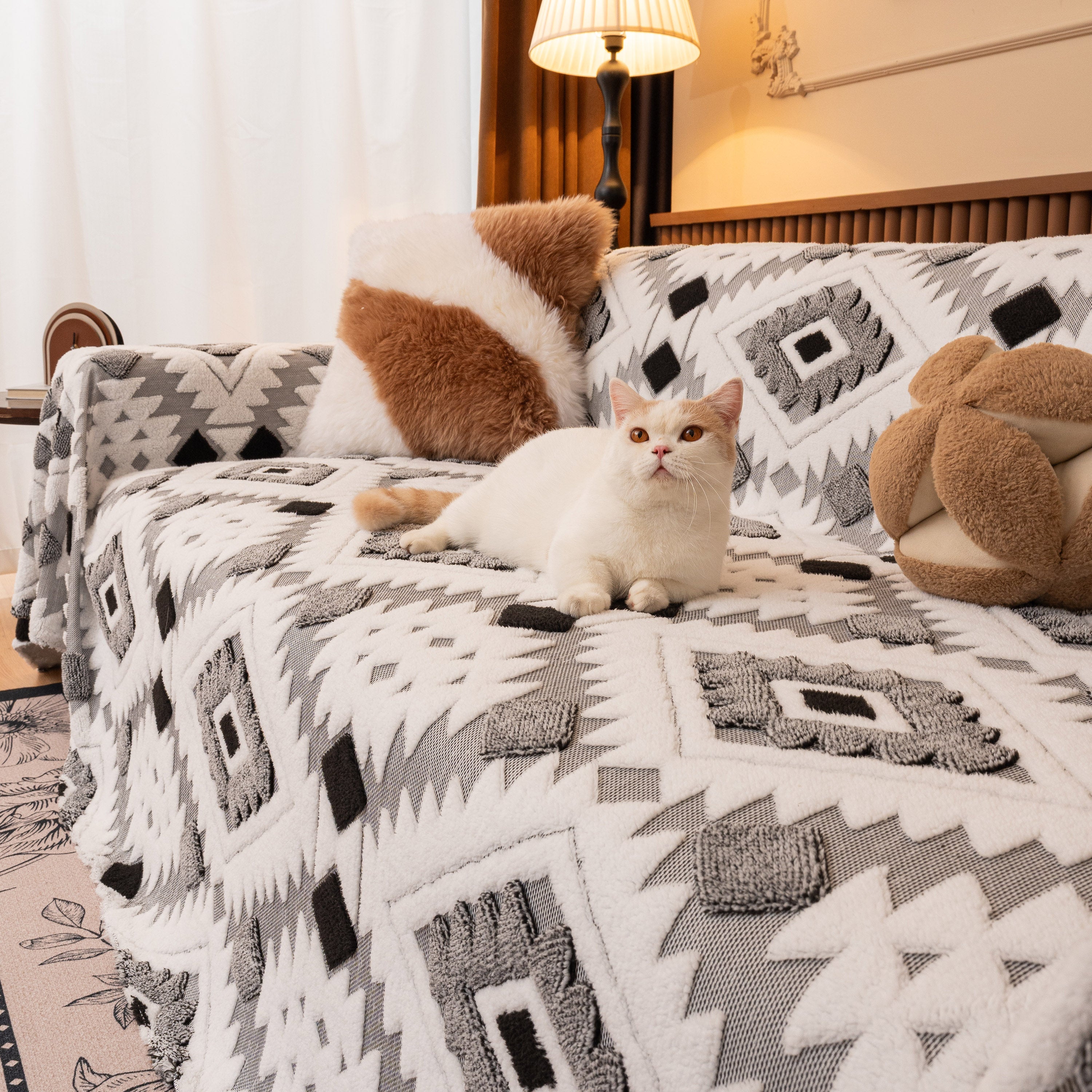 Bohemian Tufted Sofa Cover, Soft Sherpa Fleece Throw Blanket With 3d Aztec Geometric