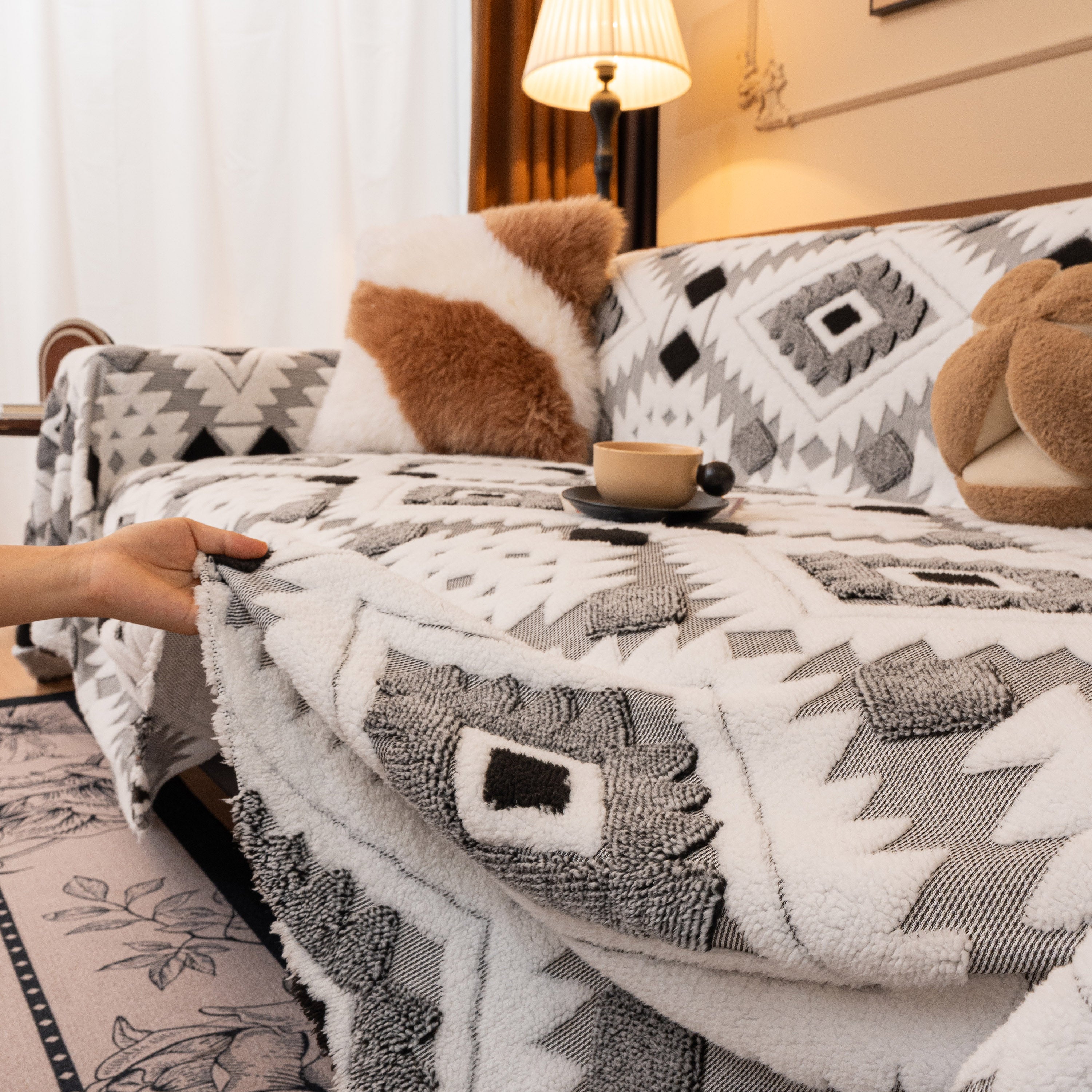 Bohemian Tufted Sofa Cover, Soft Sherpa Fleece Throw Blanket With 3d Aztec Geometric