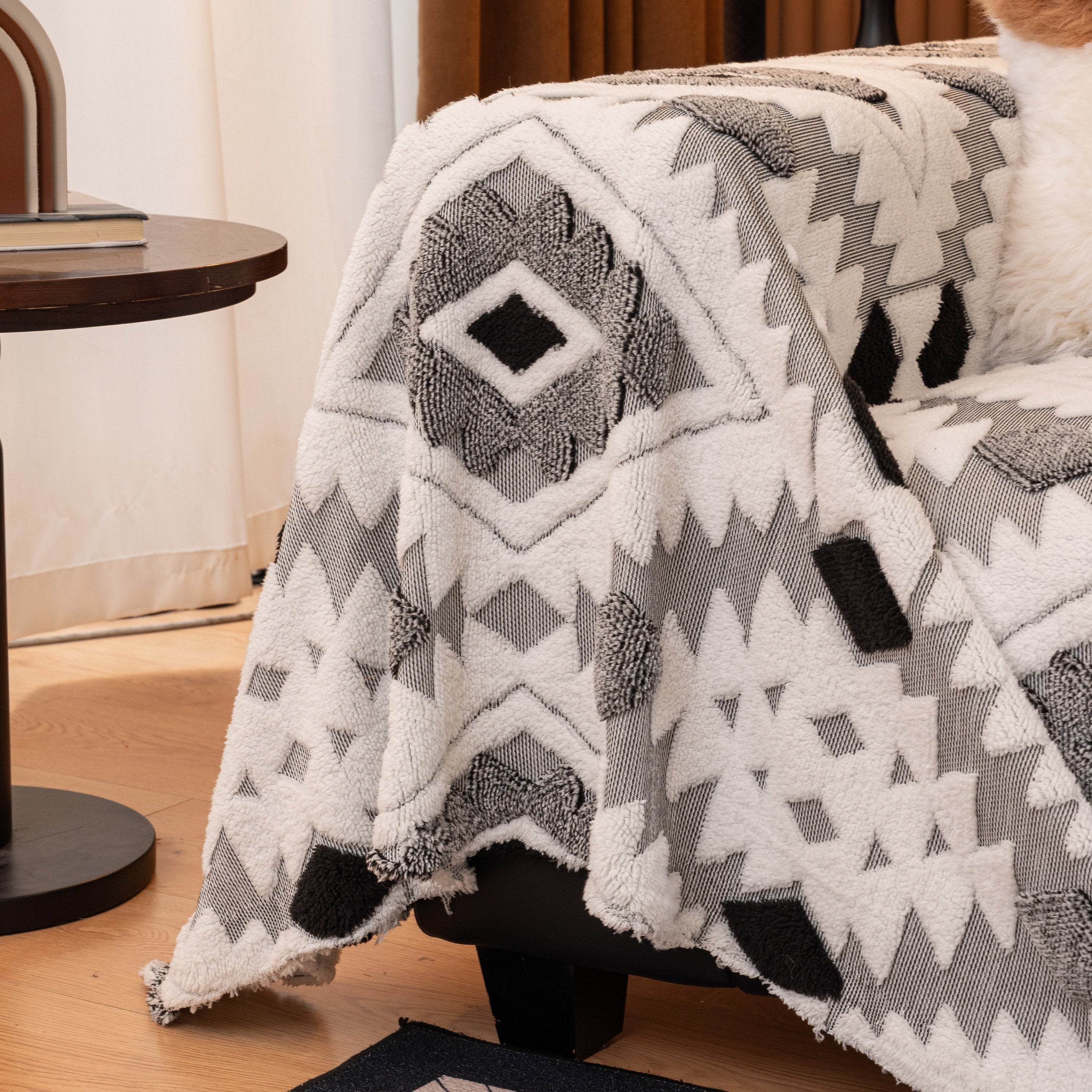 Bohemian Tufted Sofa Cover, Soft Sherpa Fleece Throw Blanket With 3d Aztec Geometric