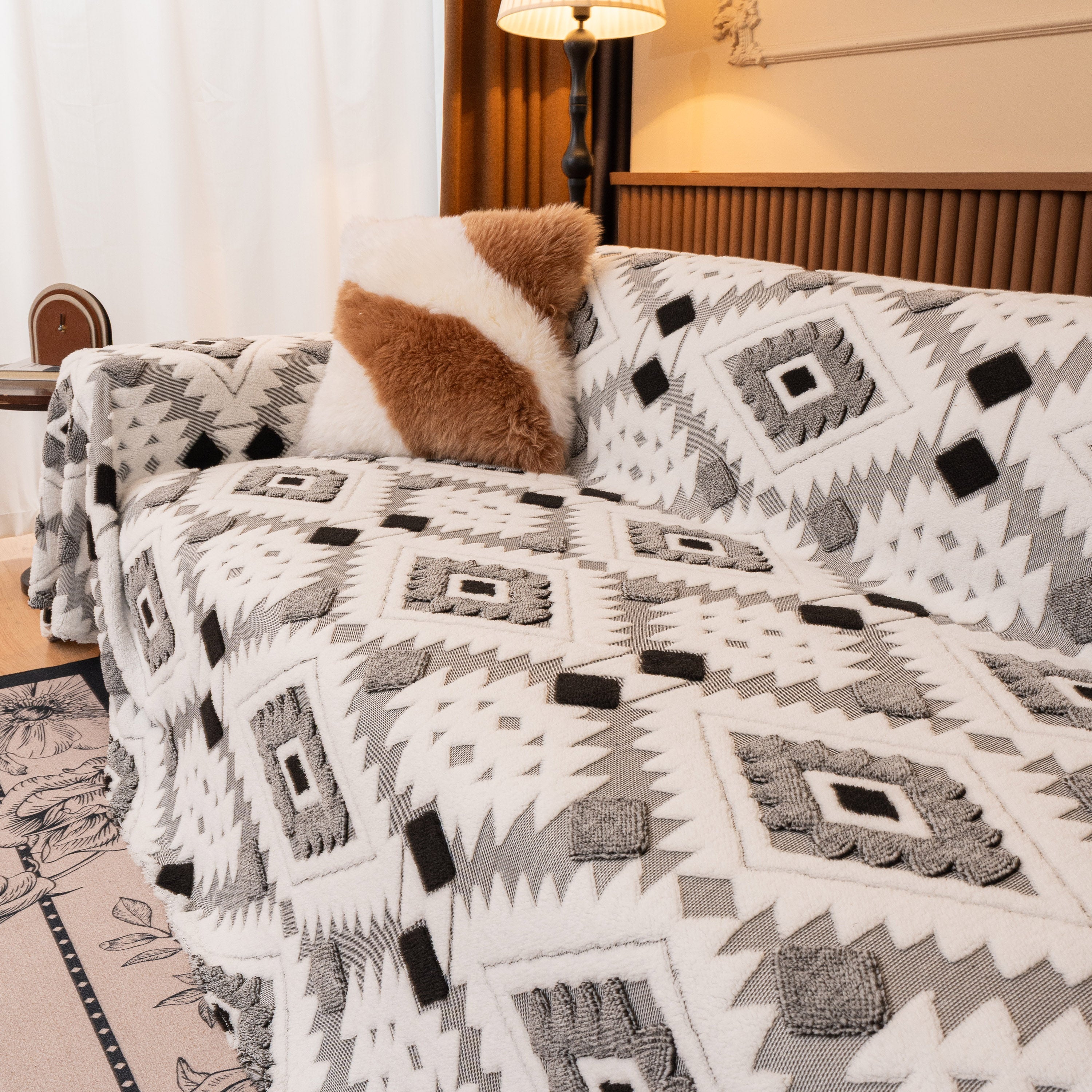 Bohemian Tufted Sofa Cover, Soft Sherpa Fleece Throw Blanket With 3d Aztec Geometric