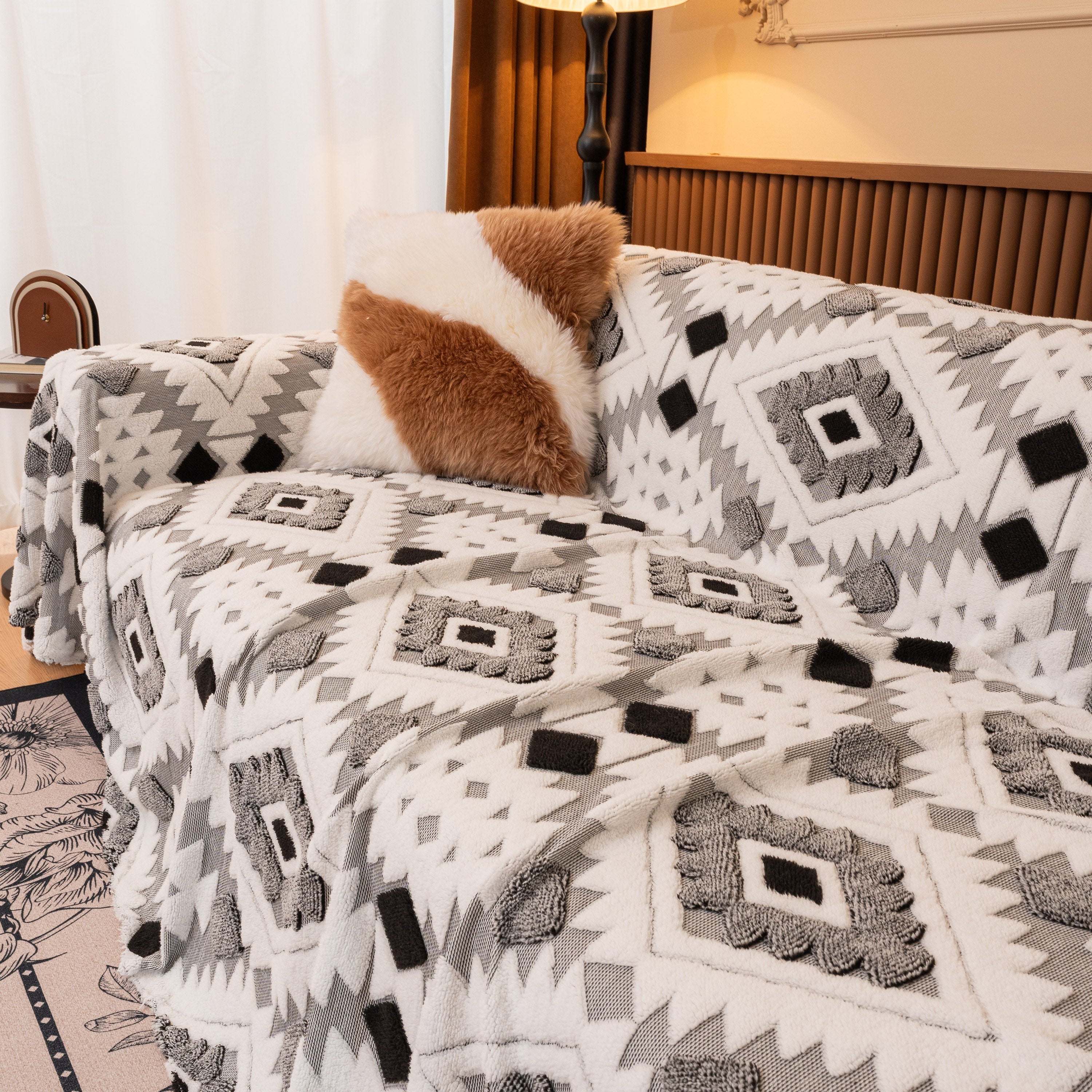 Bohemian Tufted Sofa Cover, Soft Sherpa Fleece Throw Blanket With 3d Aztec Geometric